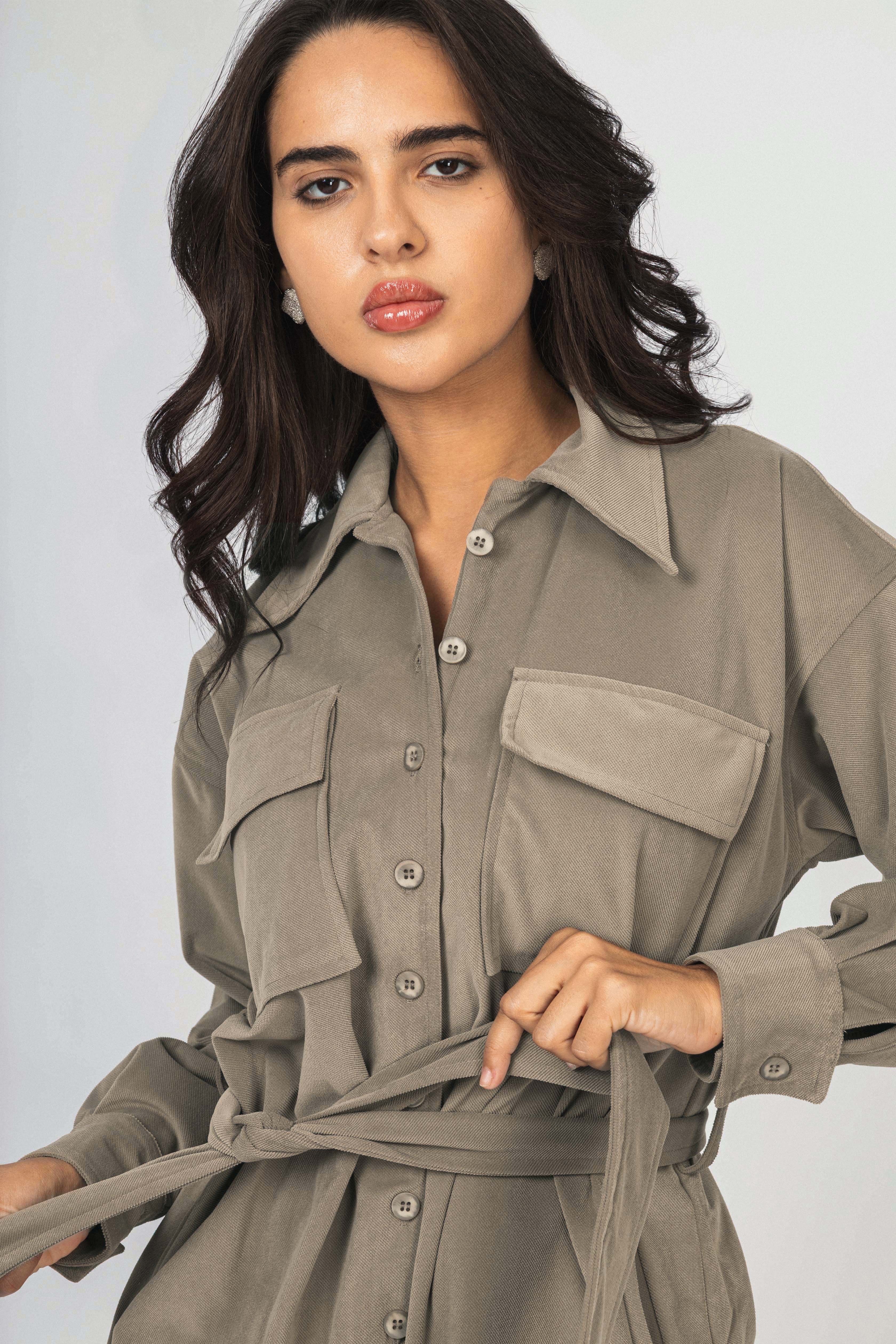Olive Green Button-Up Casual Shirt Dress