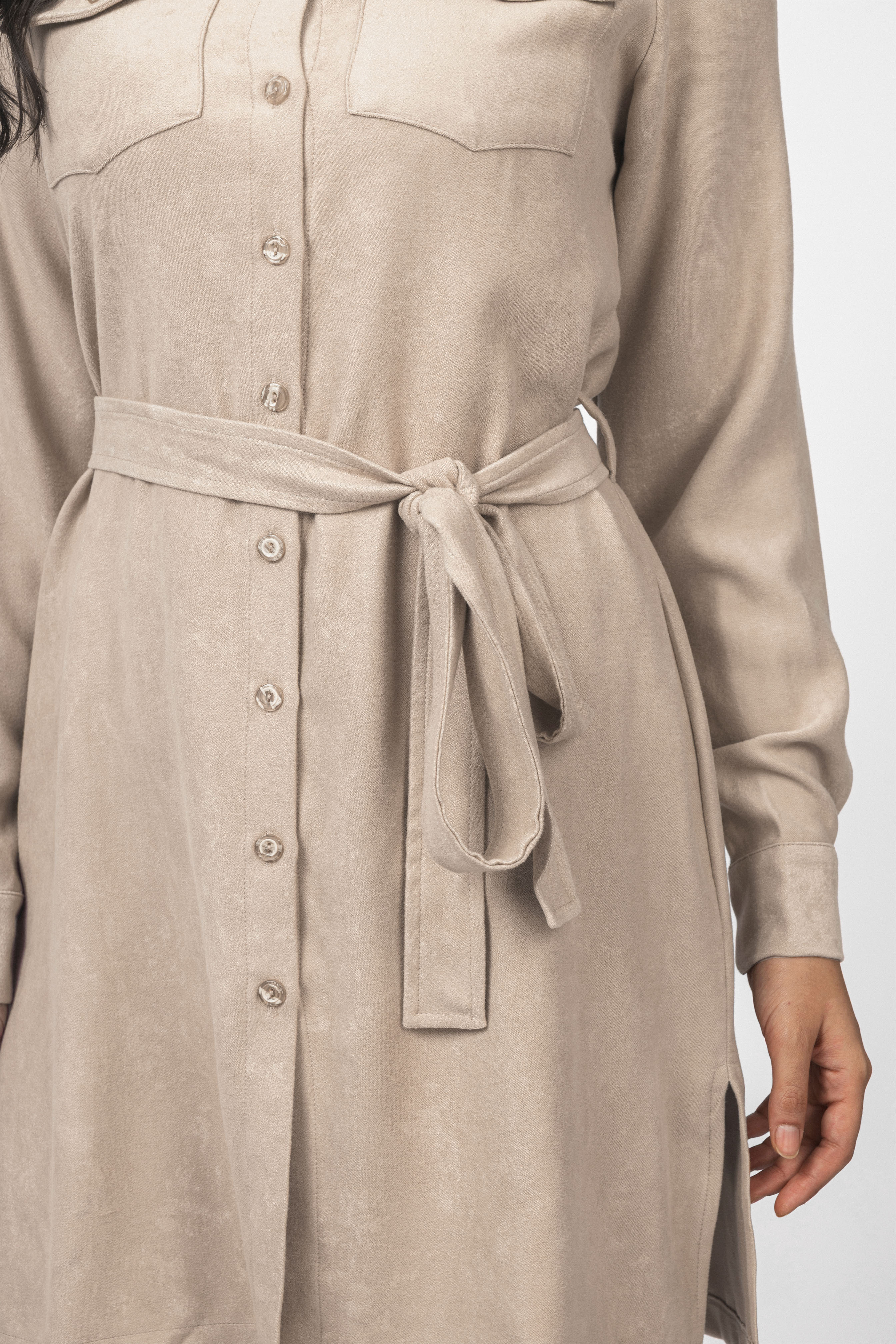 Beige Nubuck Button-Up Casual Shirt Dress