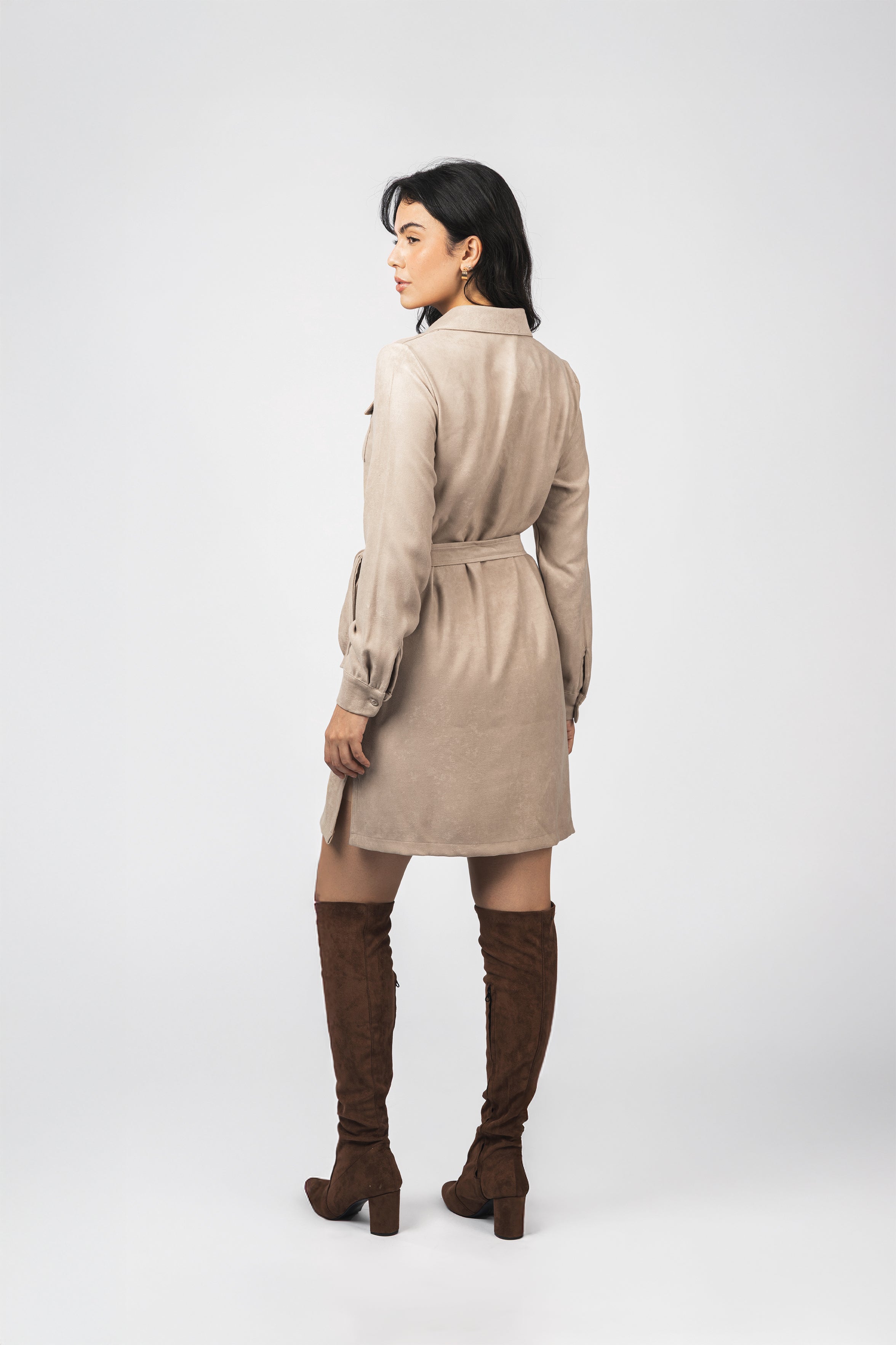 Beige Nubuck Button-Up Casual Shirt Dress