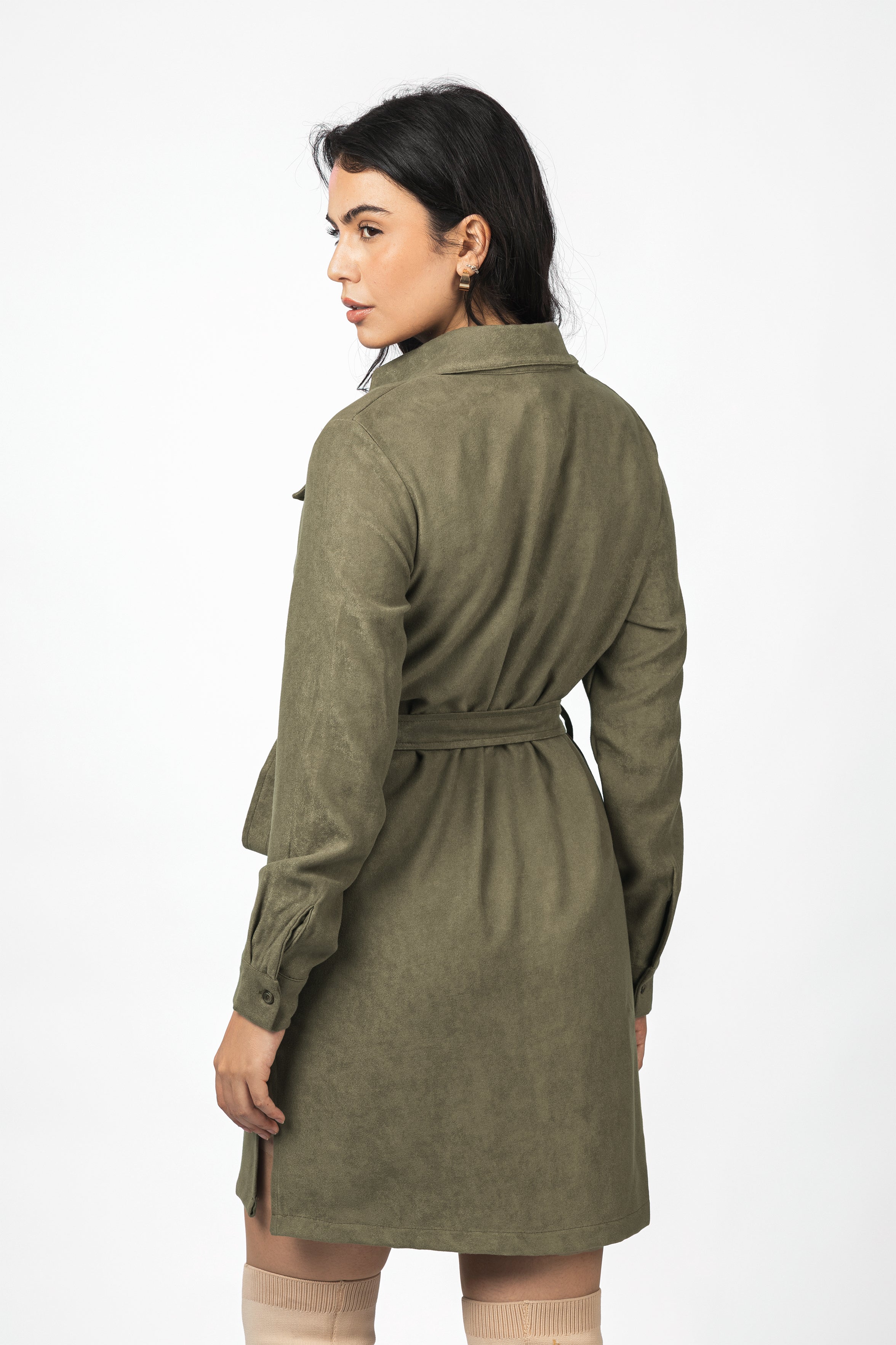 dark Green Nubuck Button-Up Casual Shirt Dress