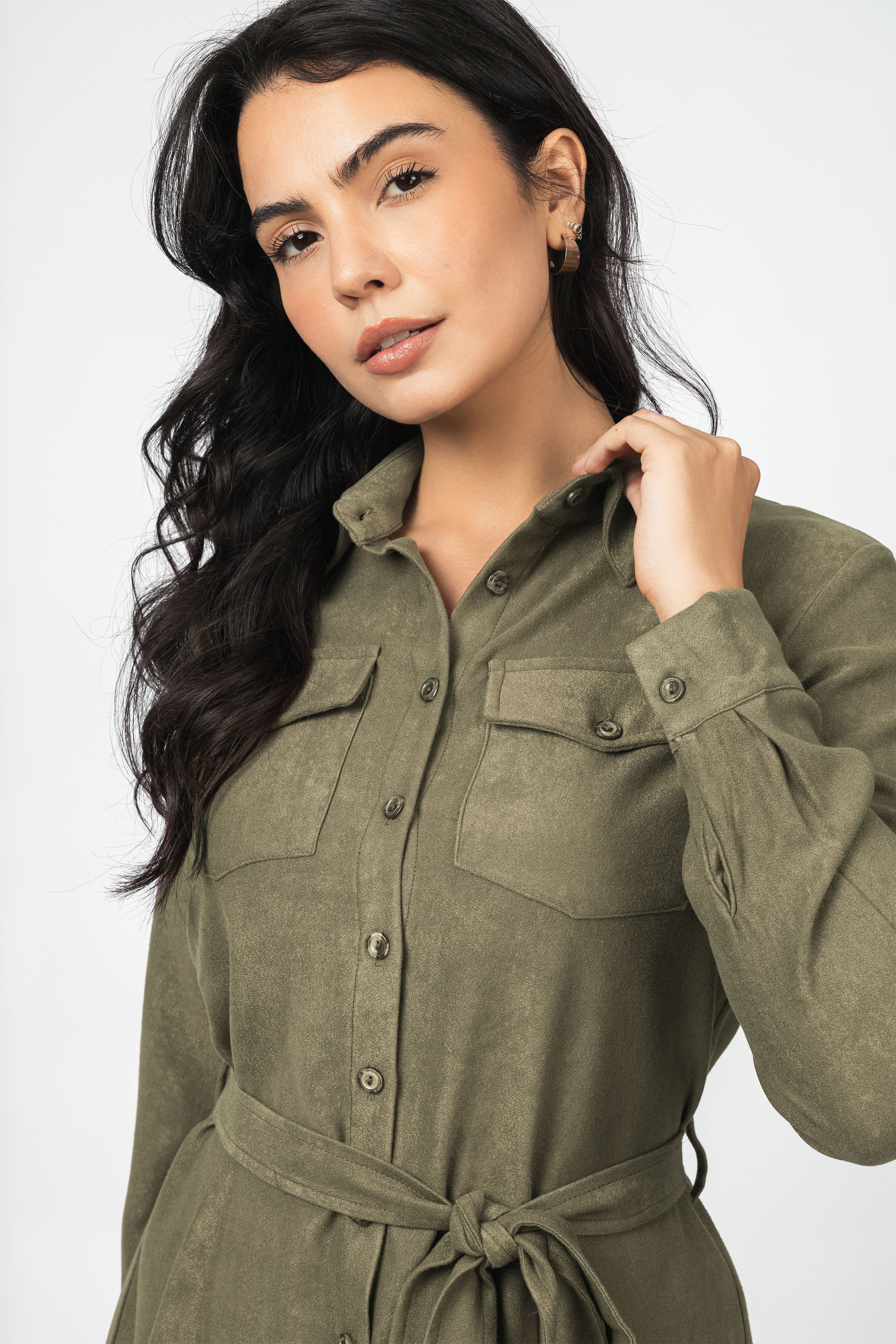 dark Green Nubuck Button-Up Casual Shirt Dress