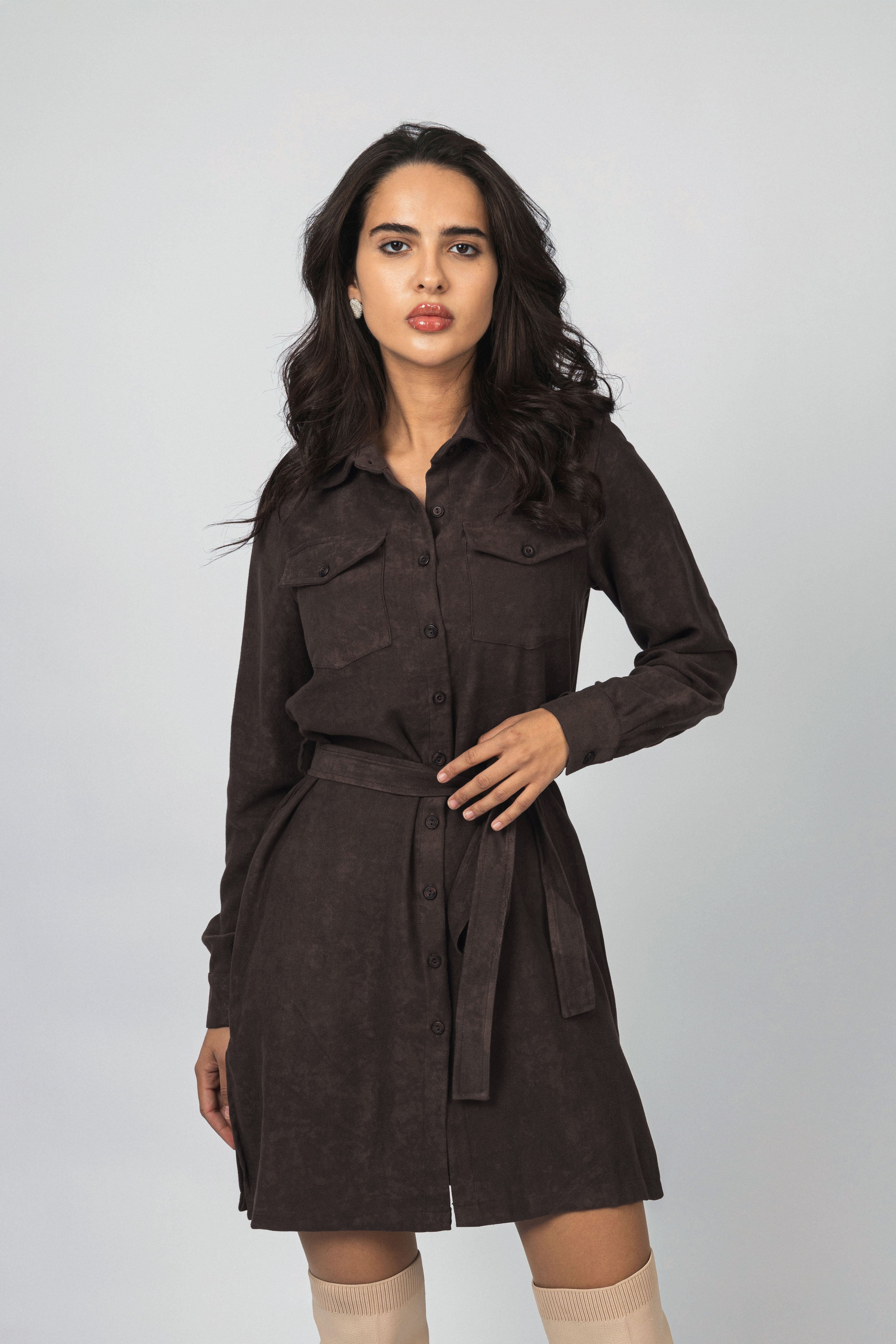 Dark Brown Nubuck Button-Up Casual Shirt Dress