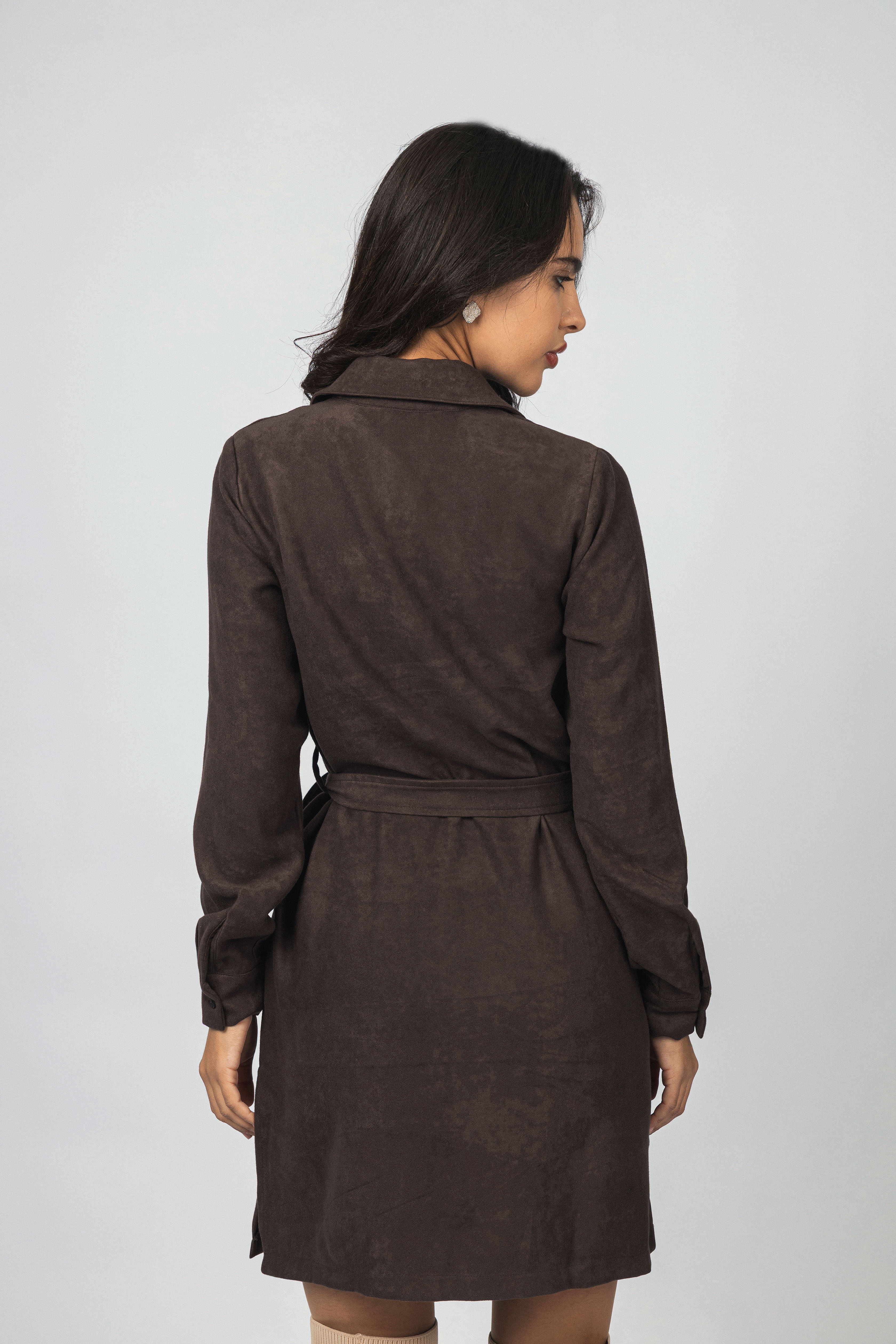 Dark Brown Nubuck Button-Up Casual Shirt Dress