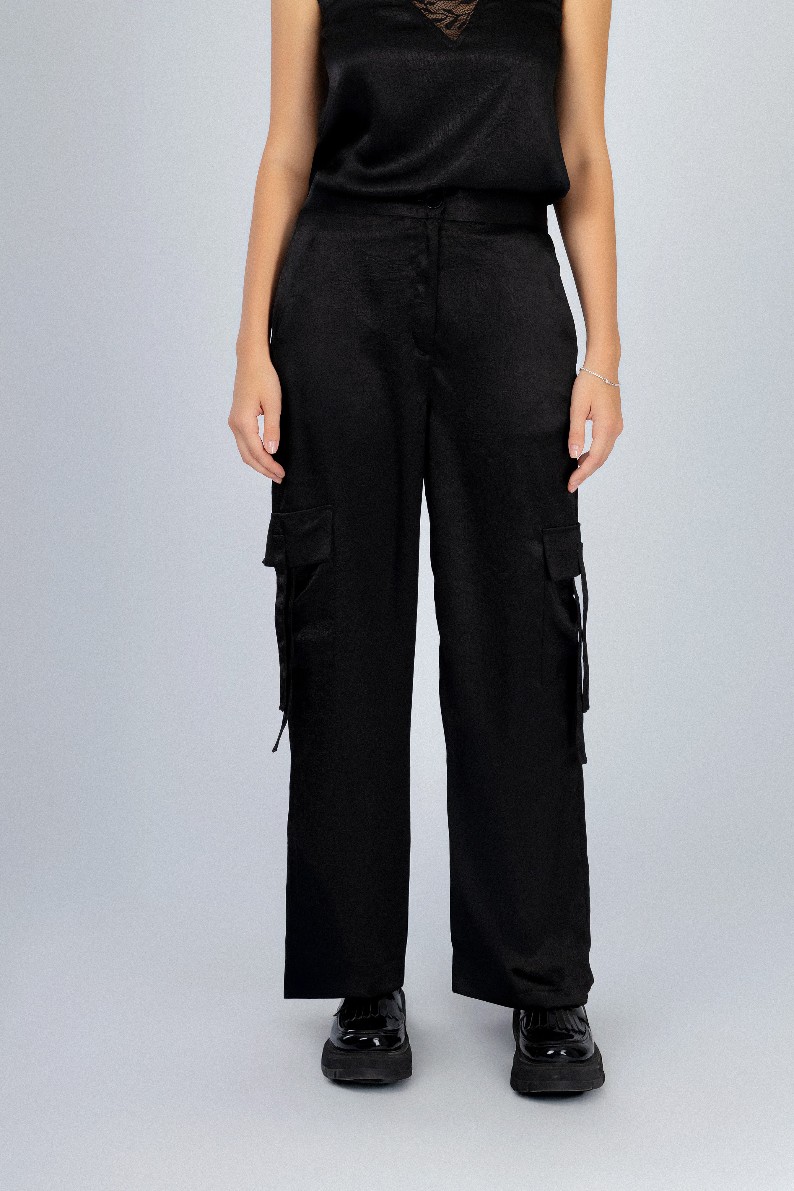 Women's Black Satin Cargo pants