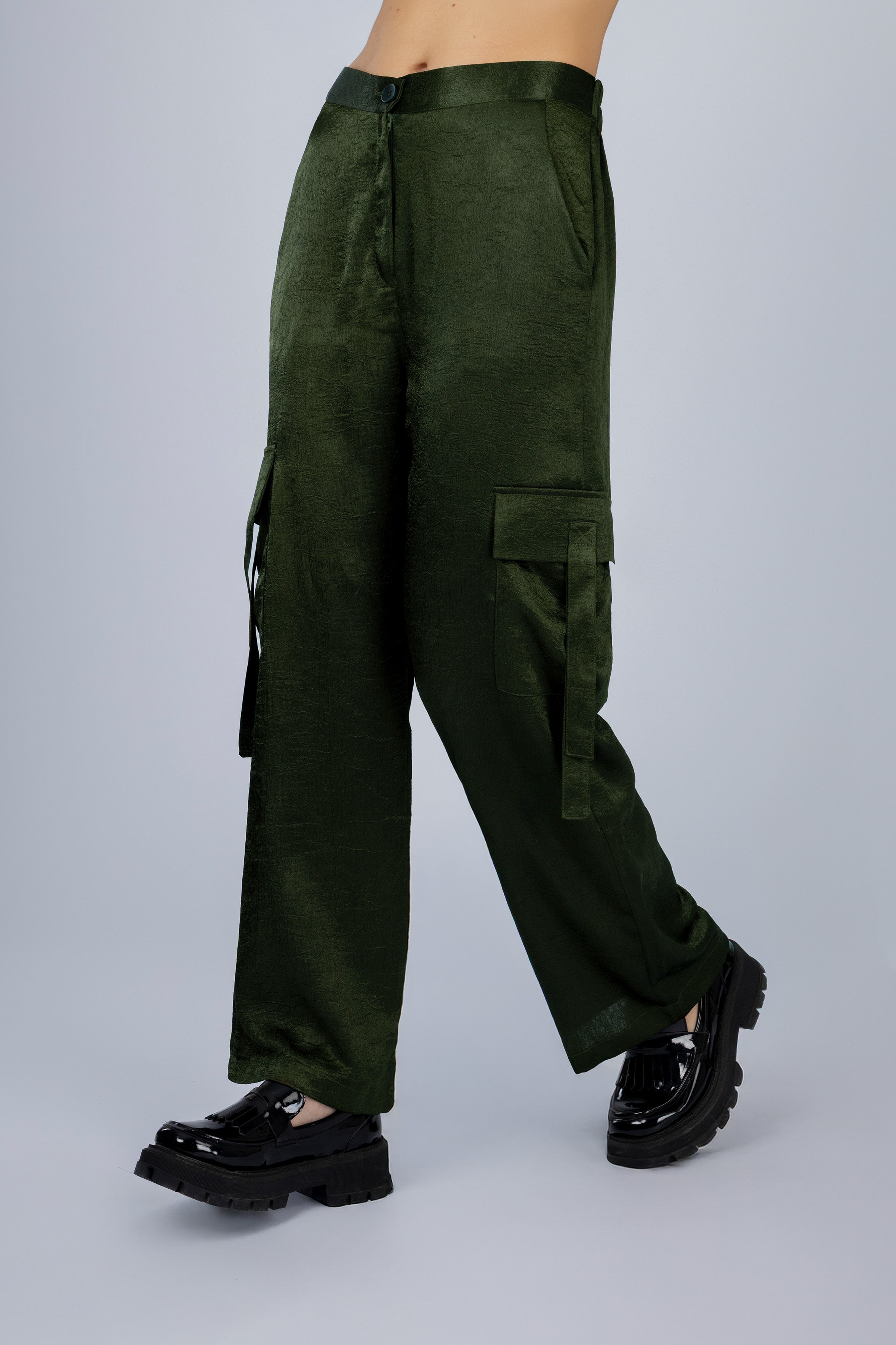 Women's Dark green Satin Cargo pants