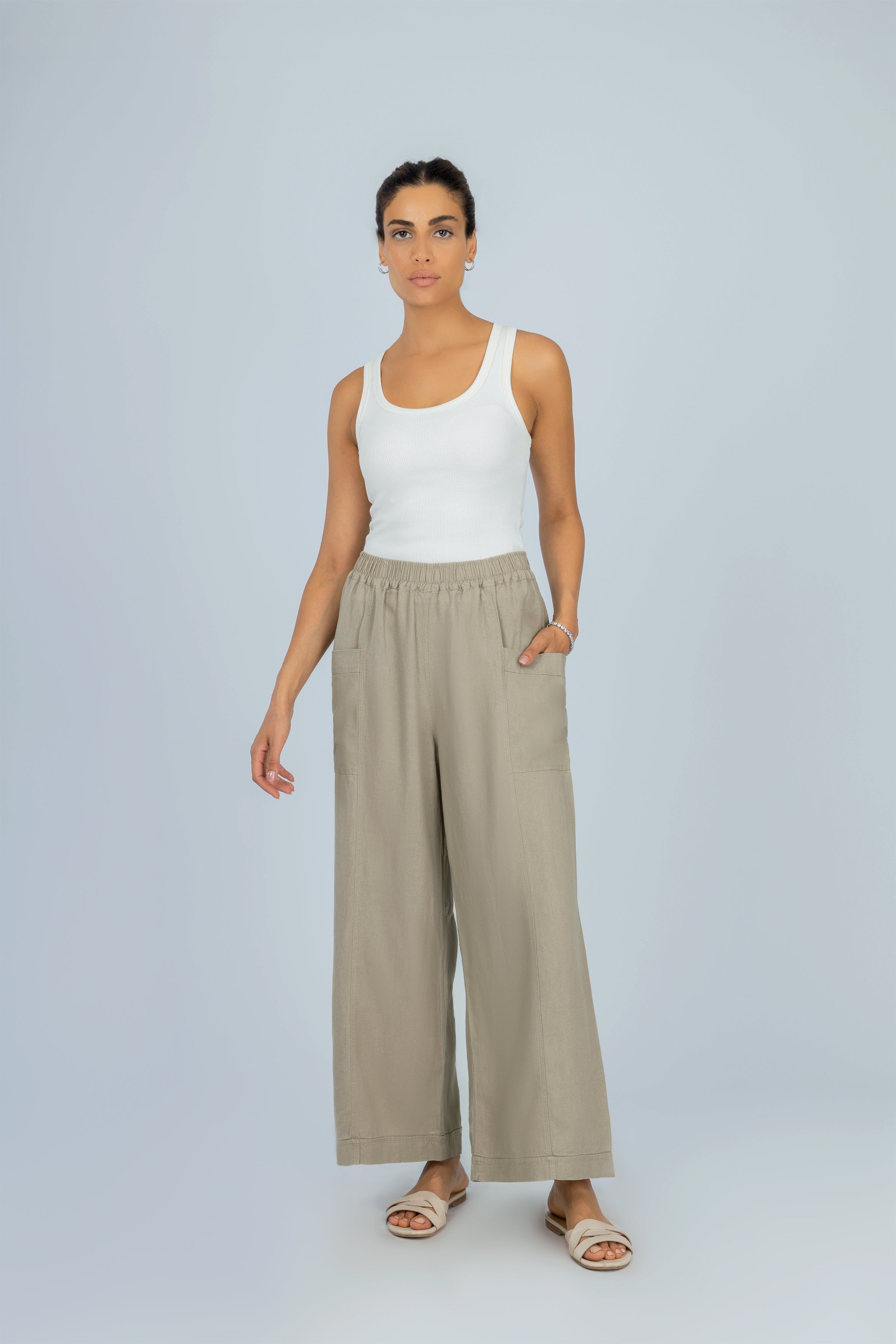 Wide Leg Light Brown Linen Look Pant