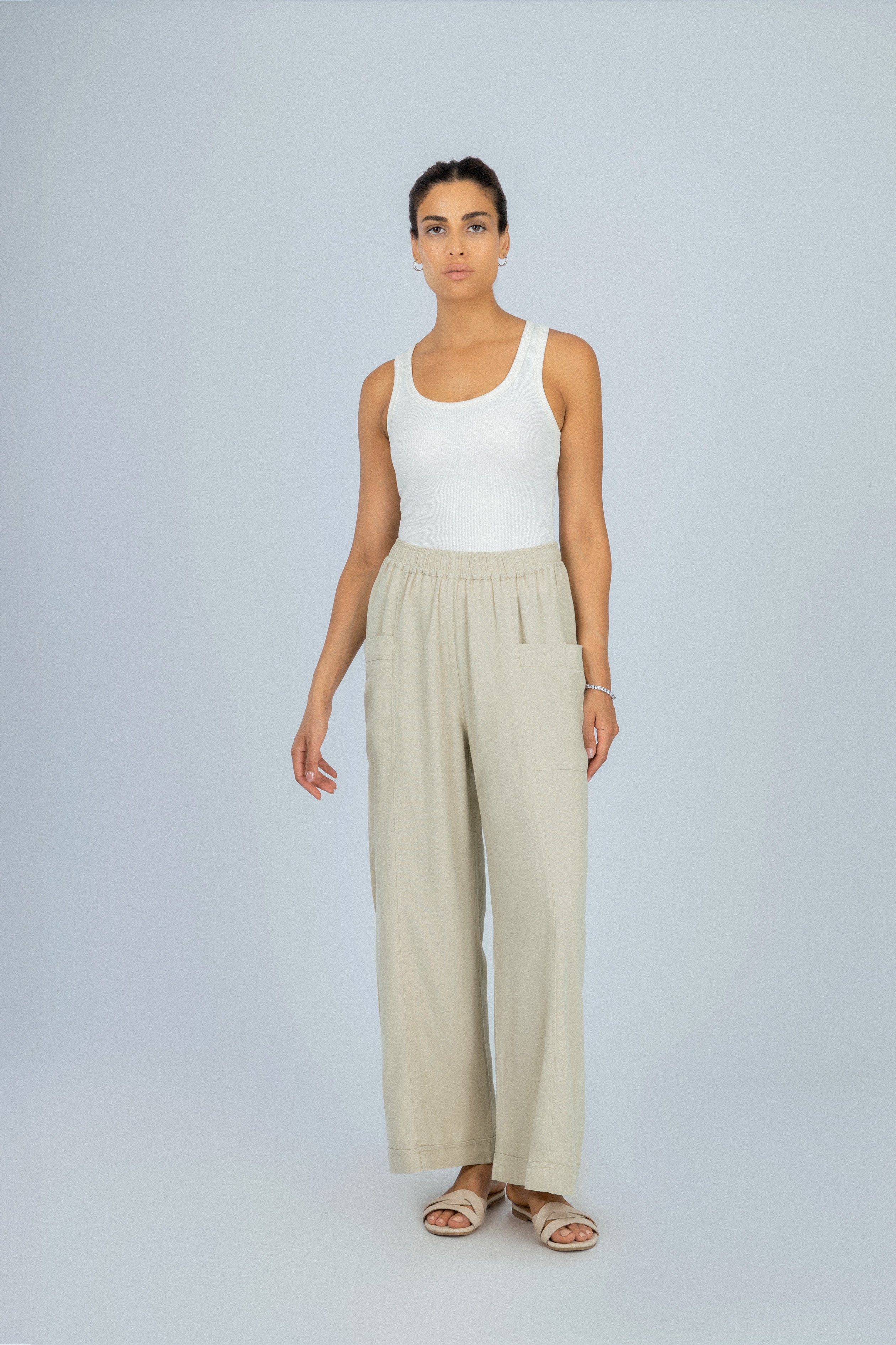 Wide Leg Beige Linen Look Pant