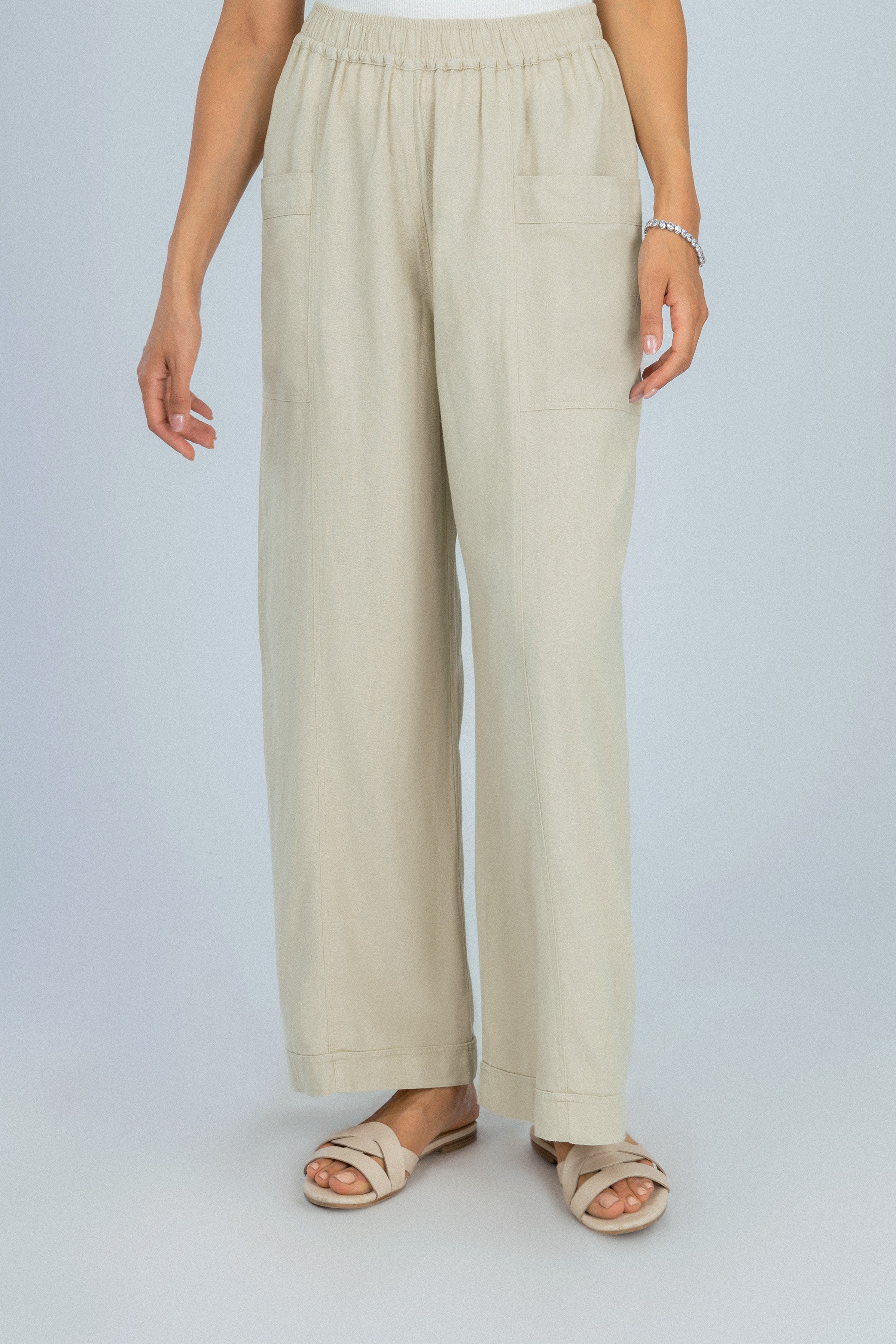 Wide Leg Beige Linen Look Pant
