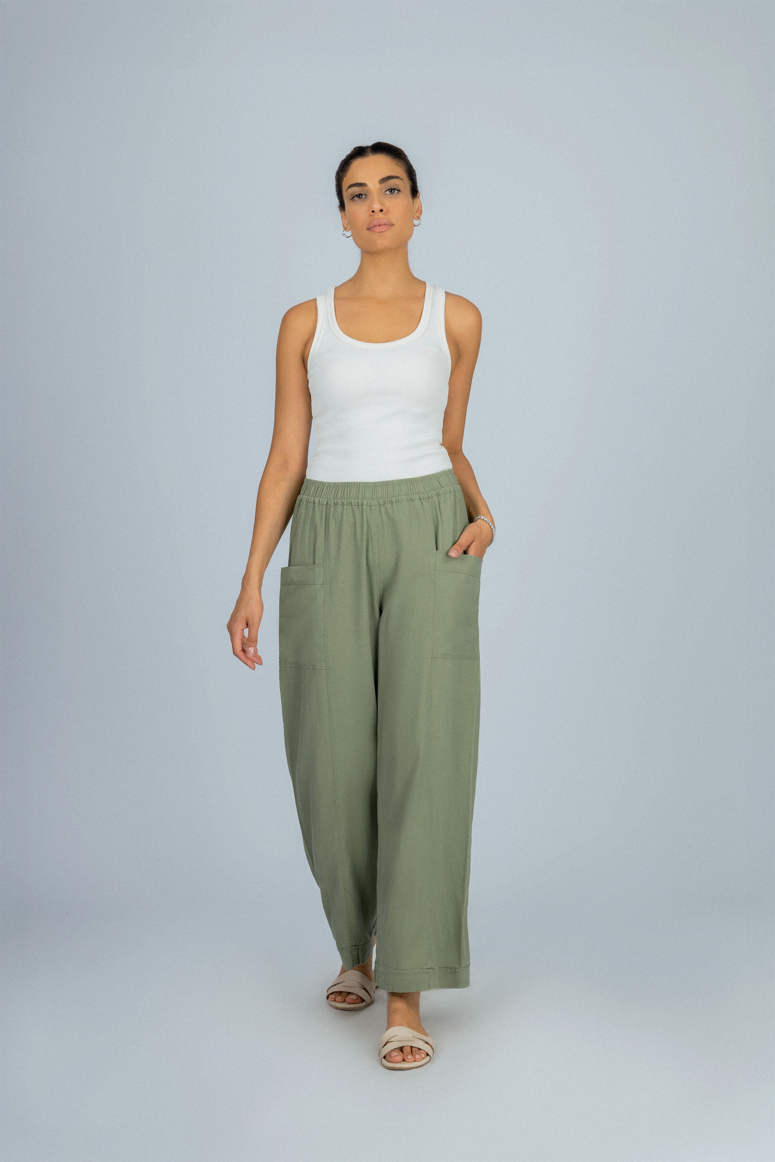 Wide Leg Sage Green Linen Look Pant