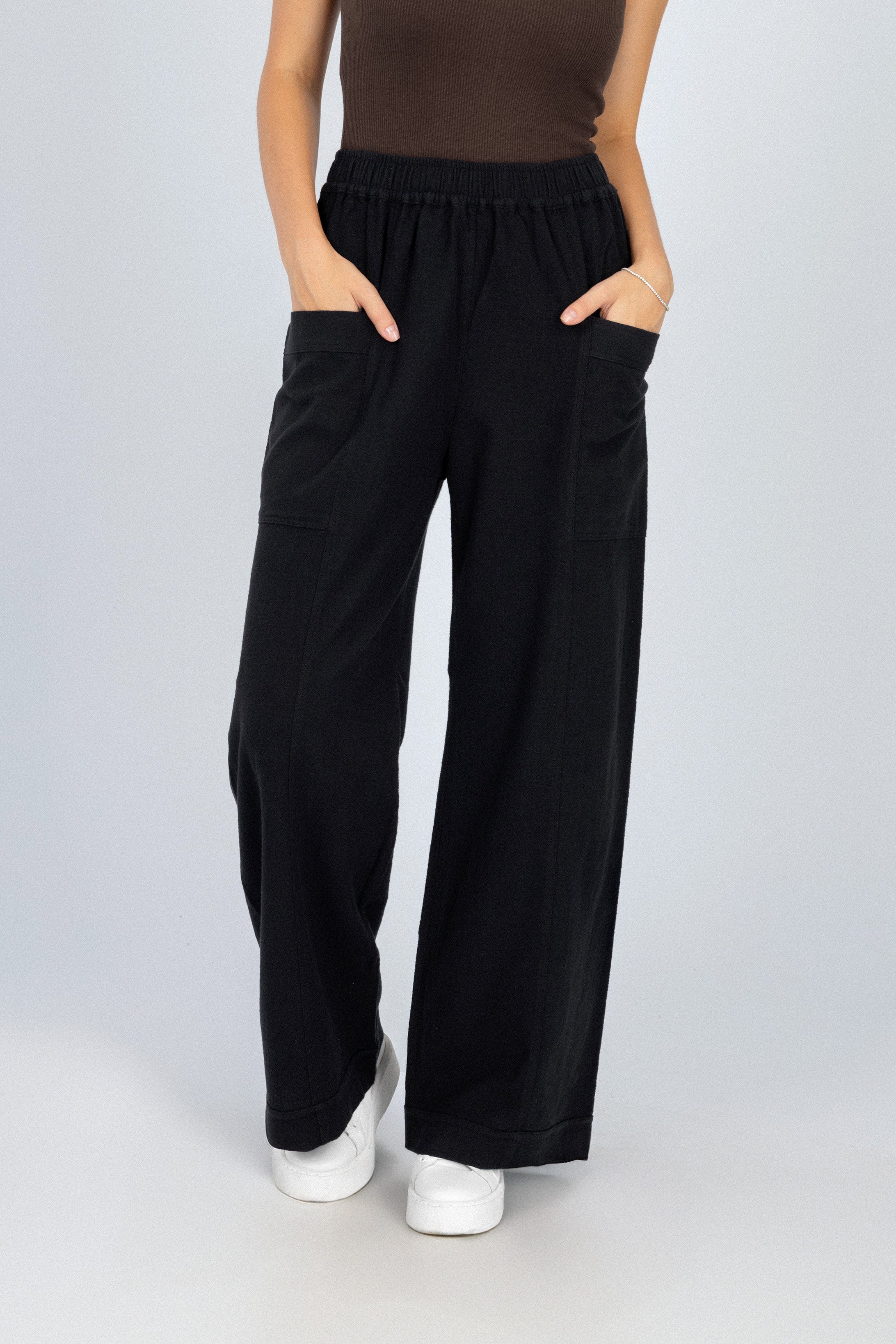 Wide Leg Black Linen Look Pant