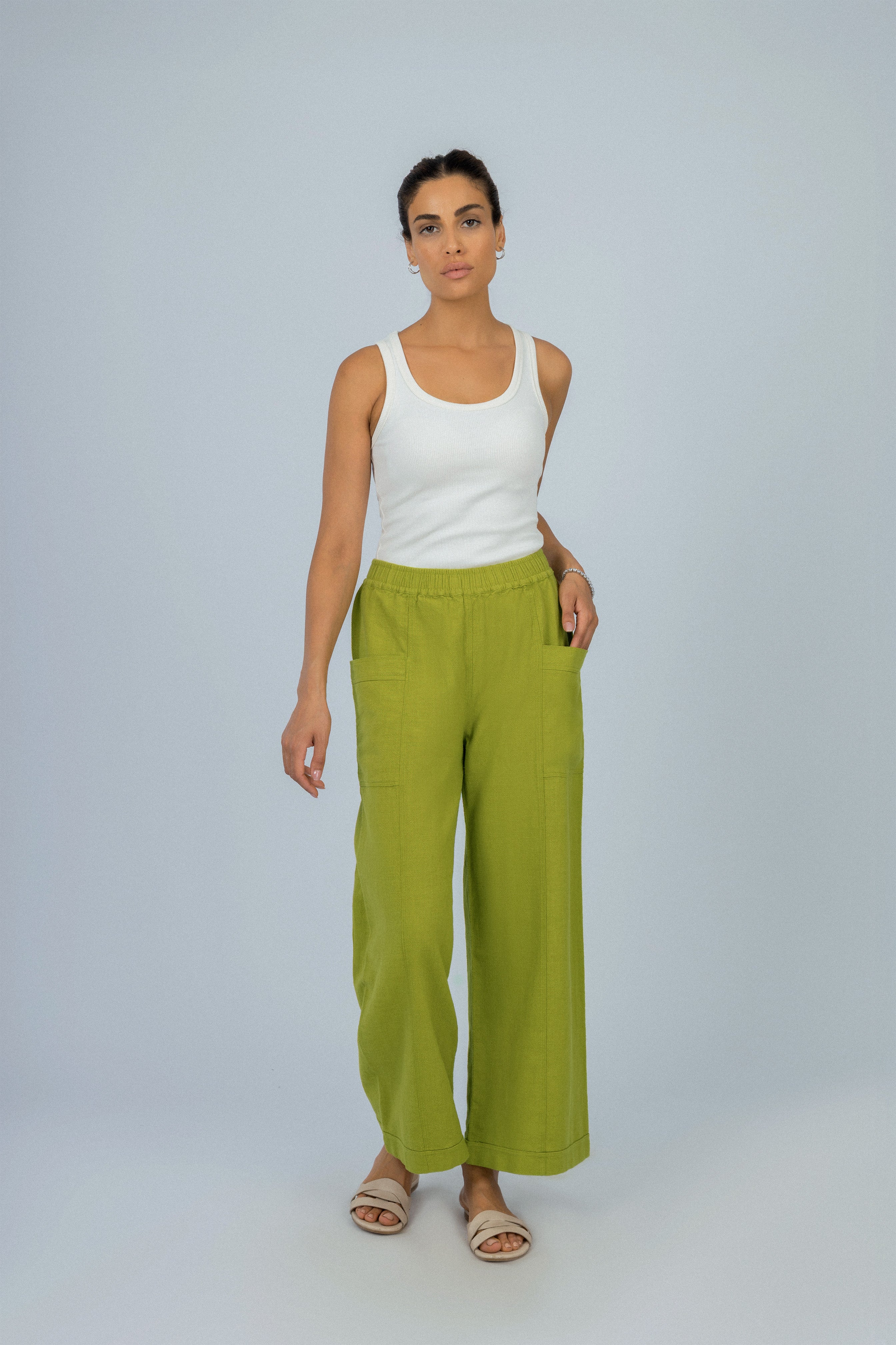Wide Leg Green Linen Look Pant
