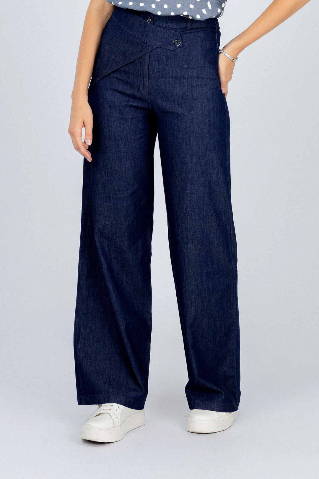 Navy Wide-Leg Overlap Waist Casual Pants