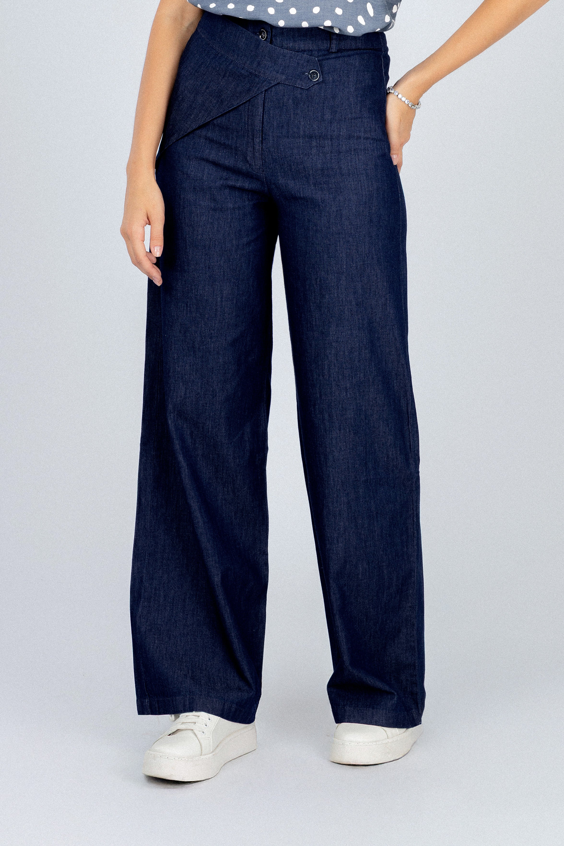 Navy Wide-Leg Overlap Waist Casual Pants
