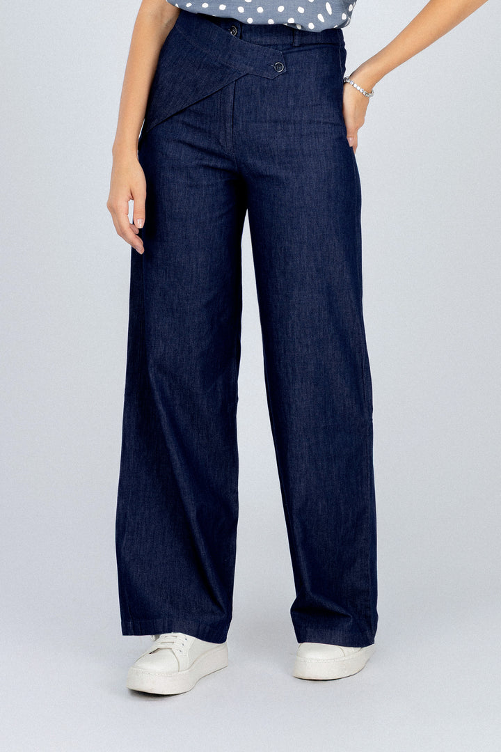 Navy Wide-Leg Overlap Waist Casual Pants