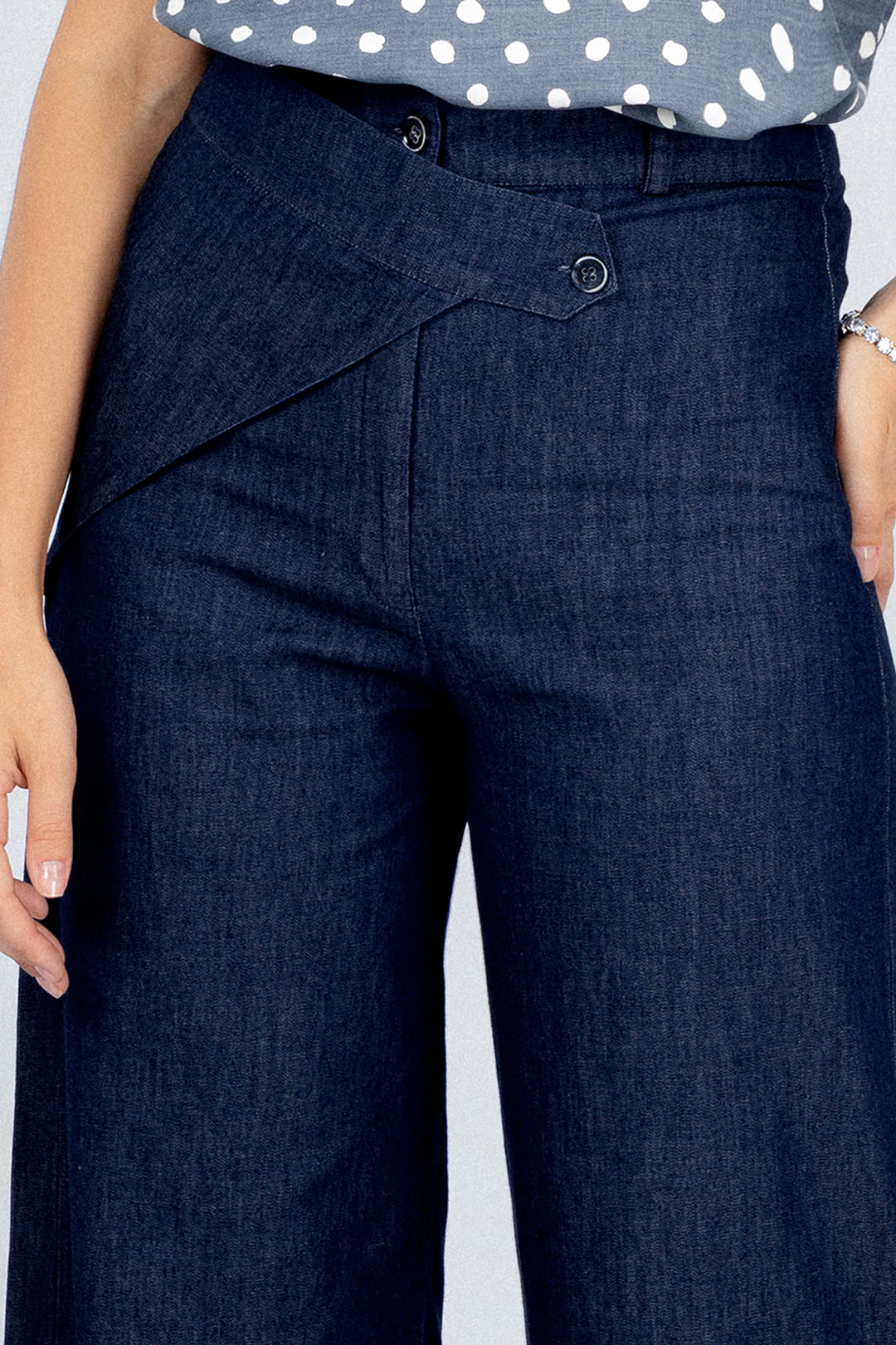 Navy Wide-Leg Overlap Waist Casual Pants