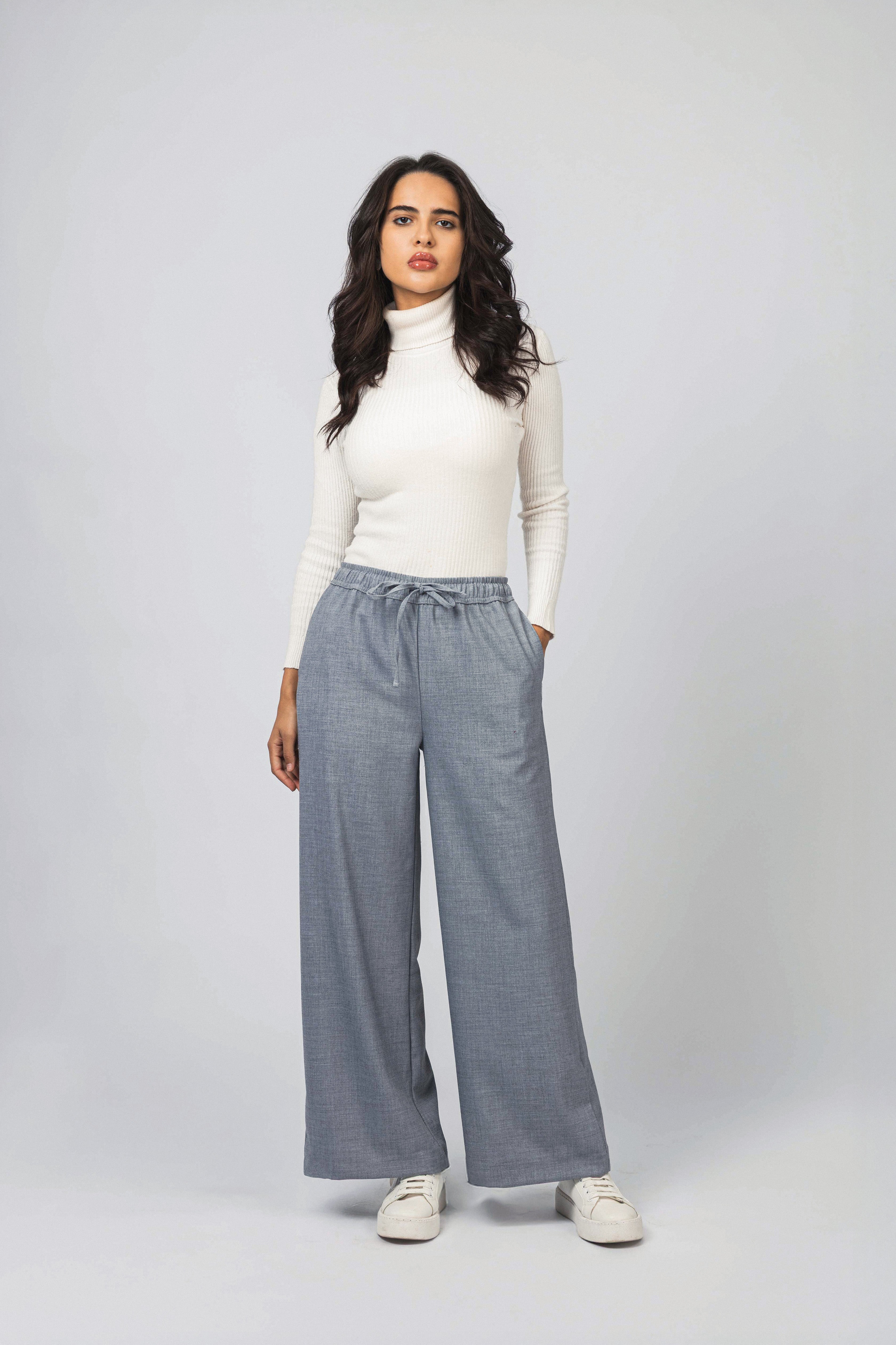 Light Gray Heathered Laced-Up Wide-Leg Pants