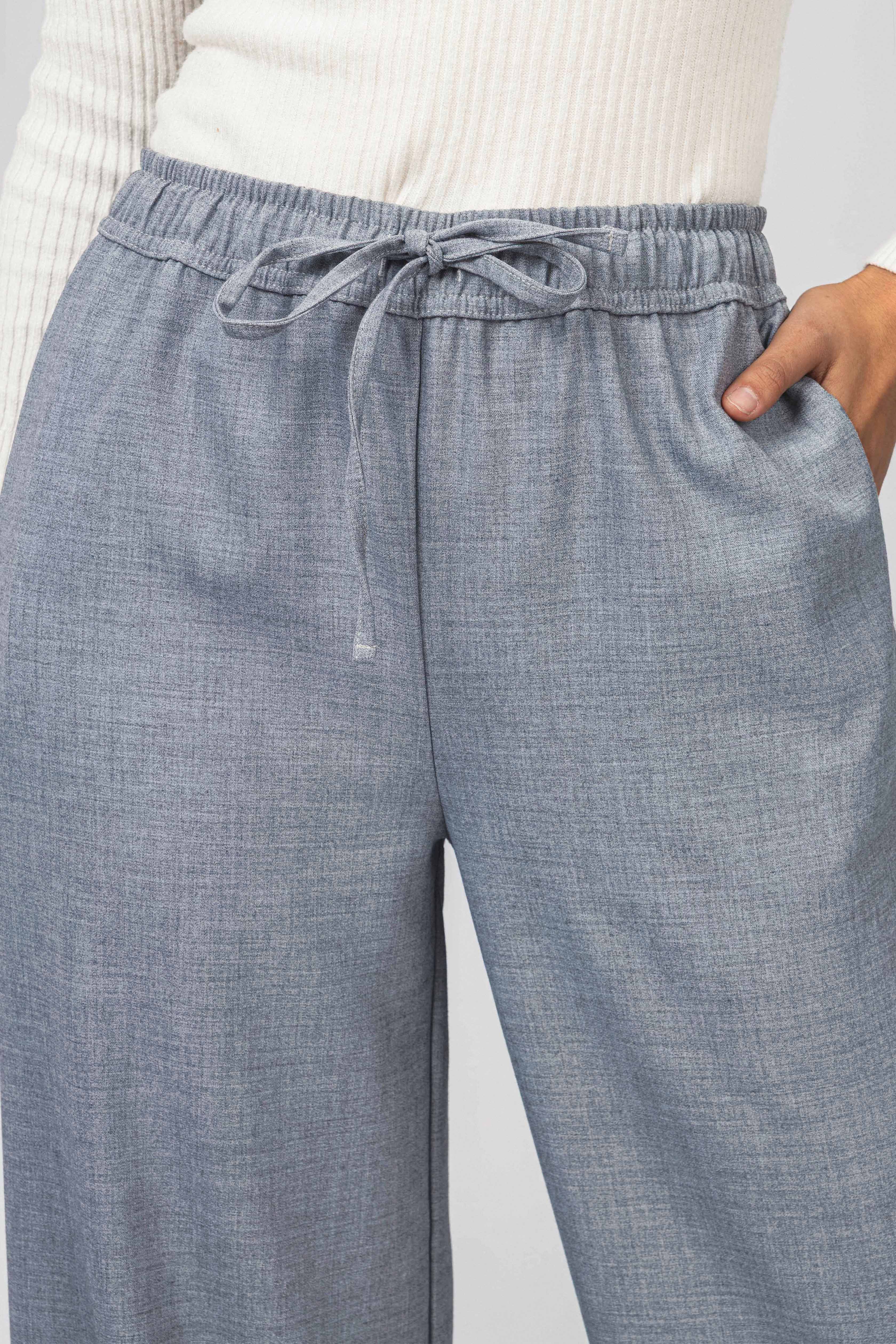 Light Gray Heathered Laced-Up Wide-Leg Pants