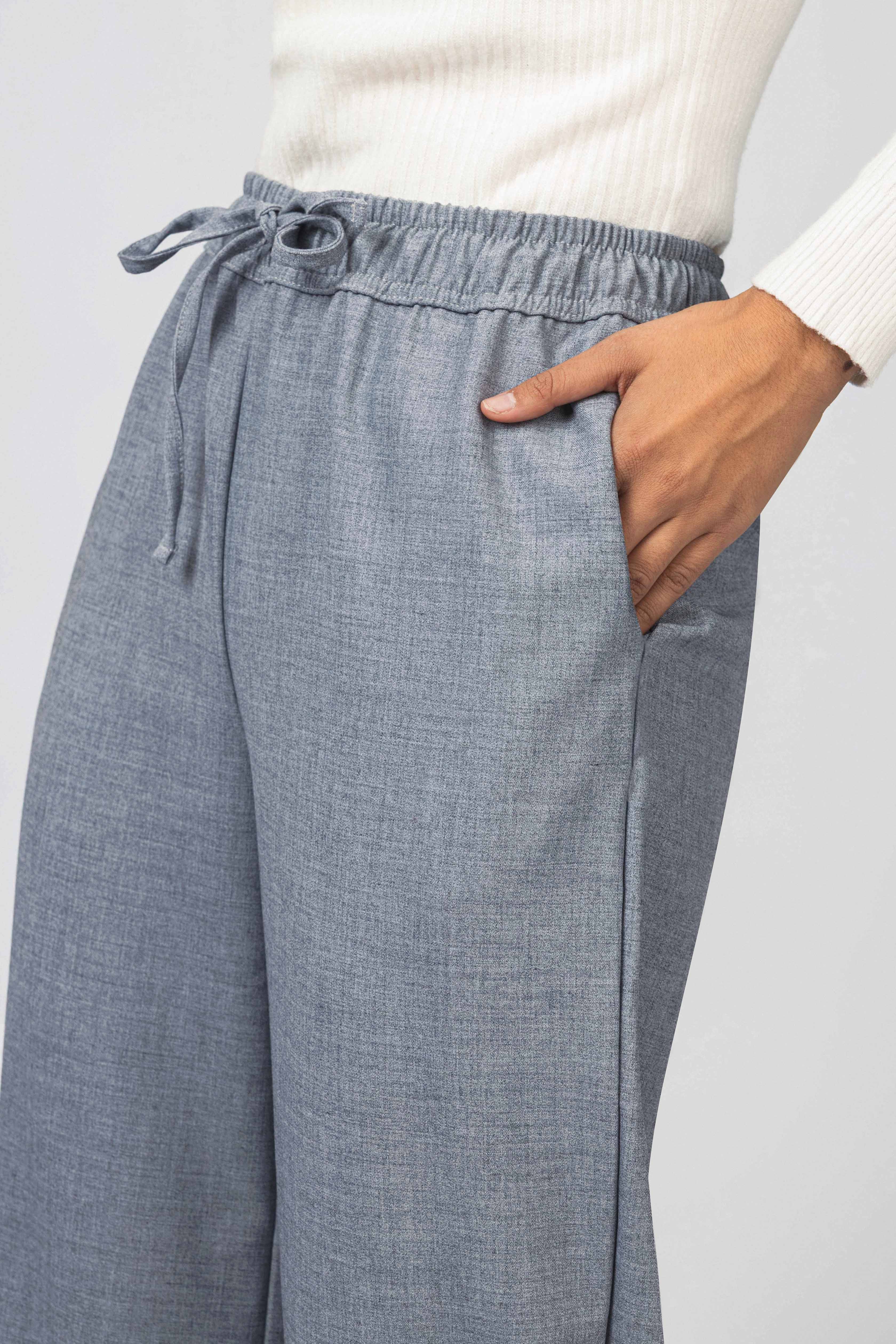 Light Gray Heathered Laced-Up Wide-Leg Pants