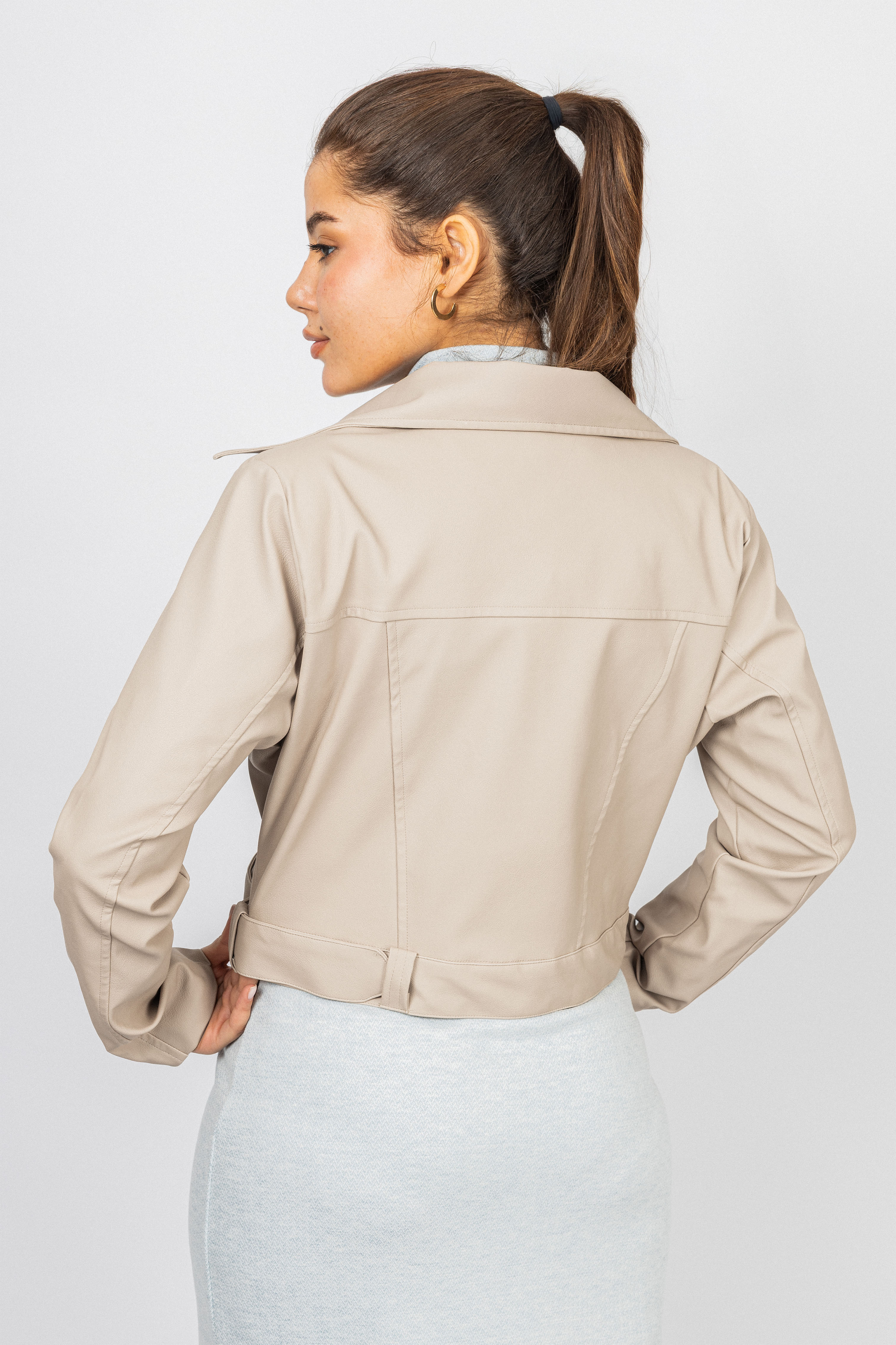 Beige Cropped leather Jacket