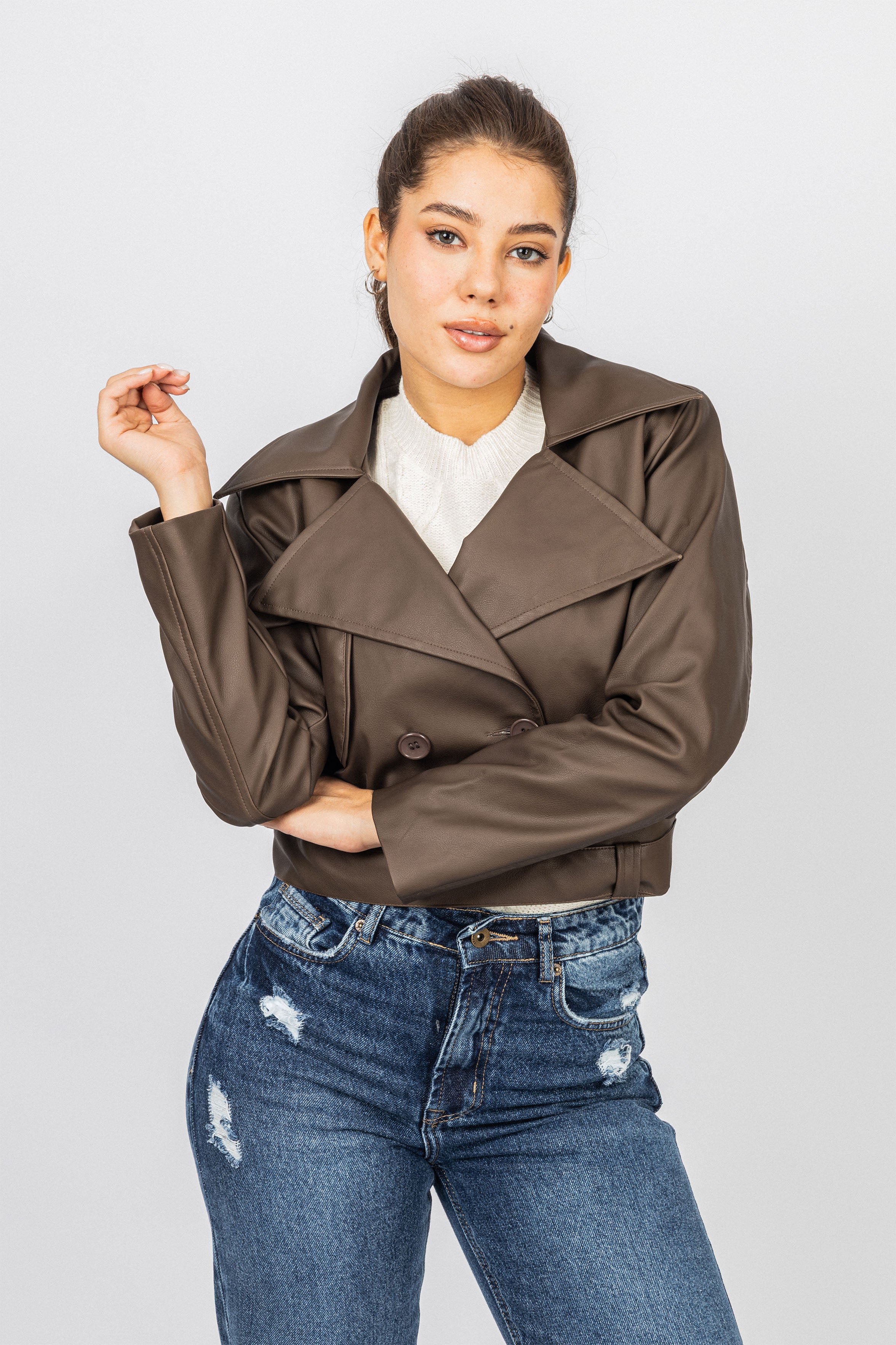 Brown Cropped leather Jacket