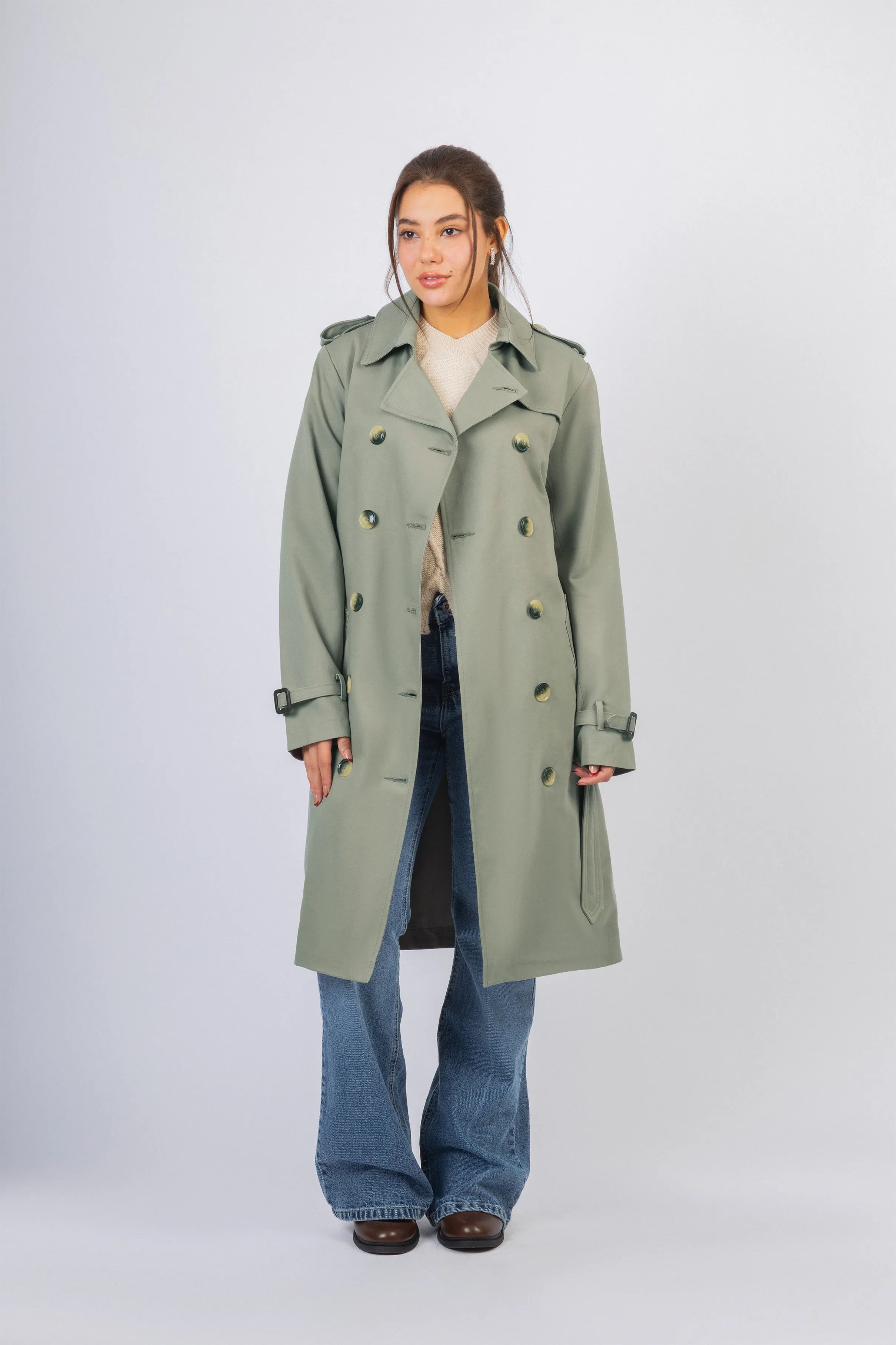 Light Green Gabardine Trench Coat