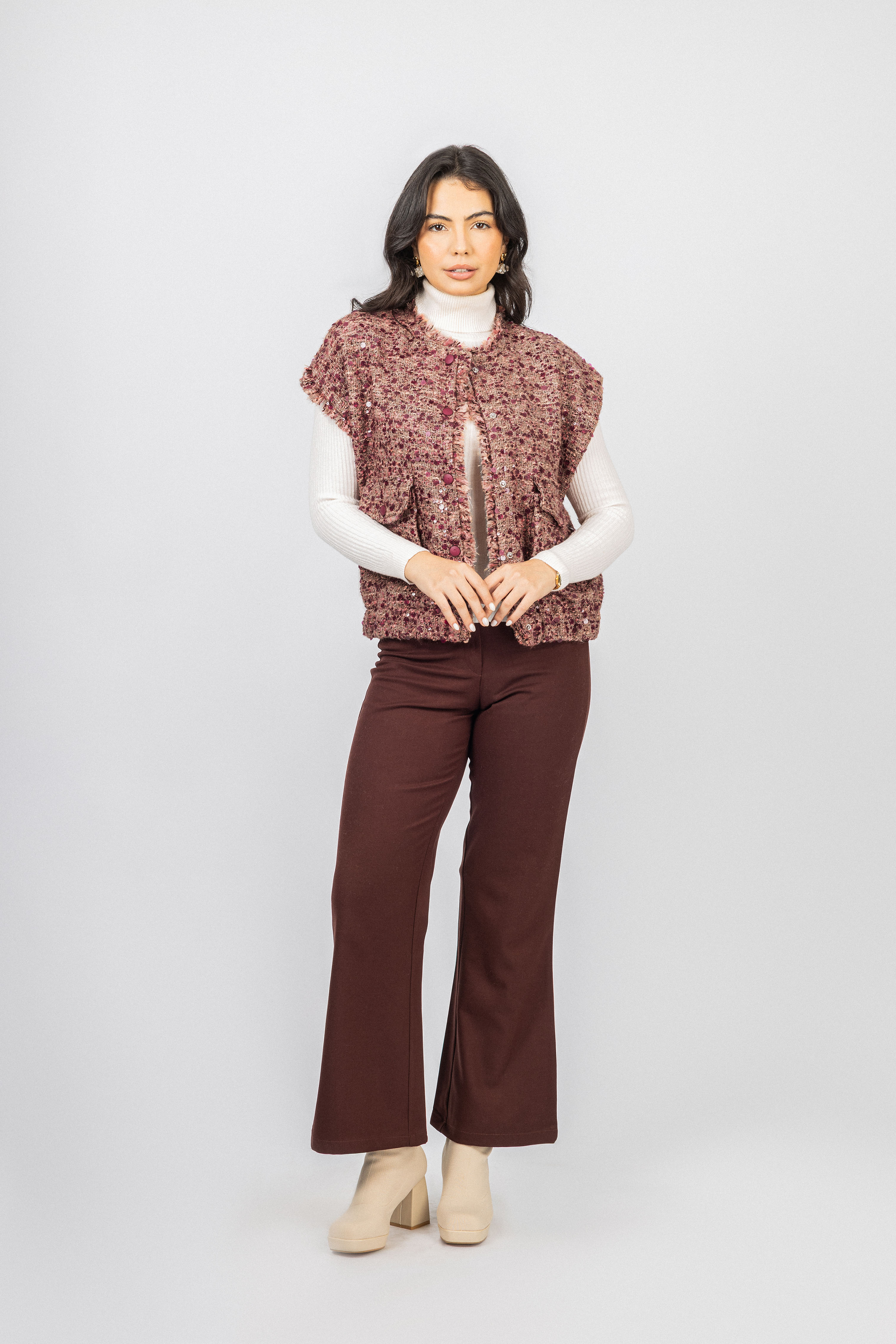 Burgundy Tweed Cap-style short sleeves Vest