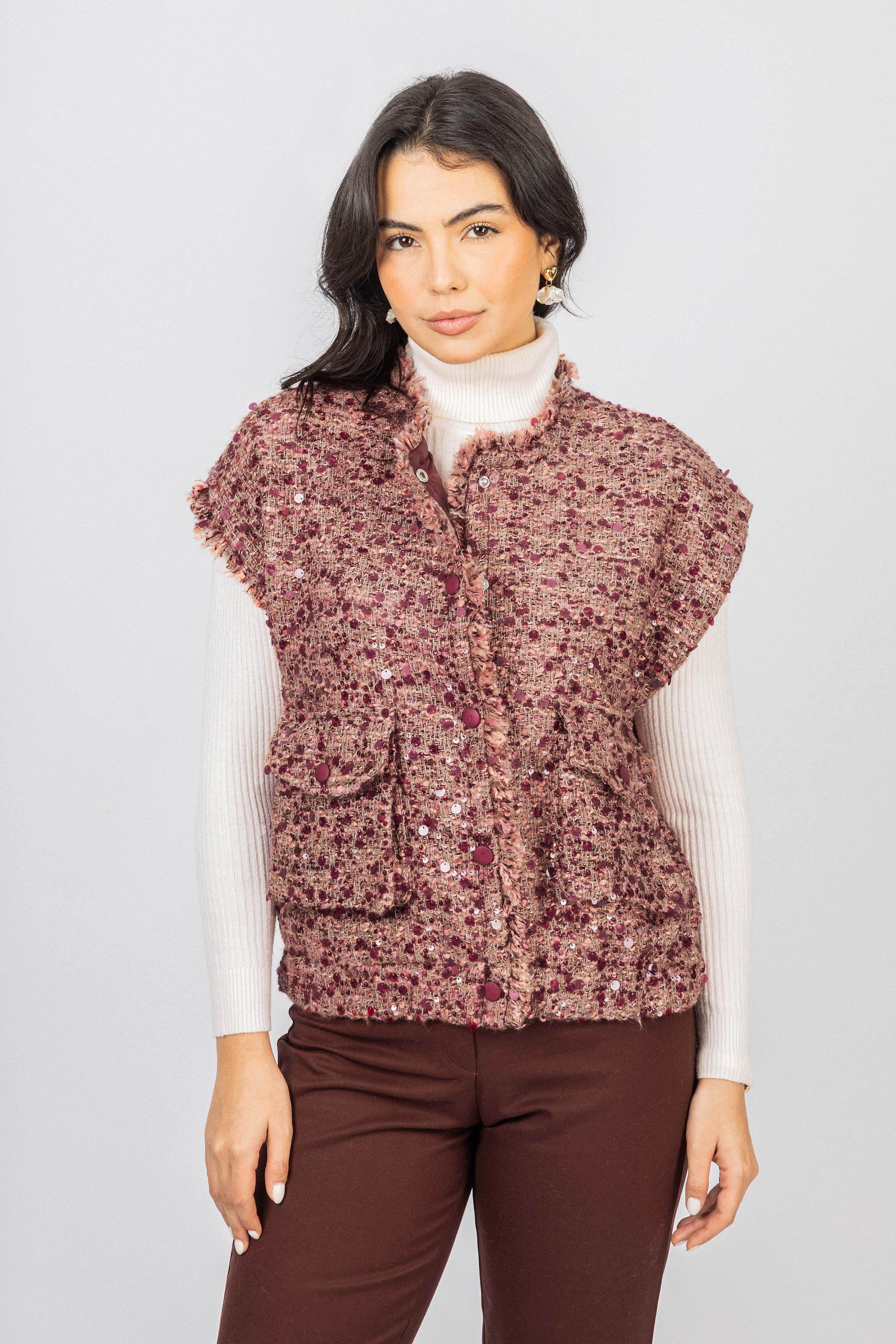 Burgundy Tweed Cap-style short sleeves Vest