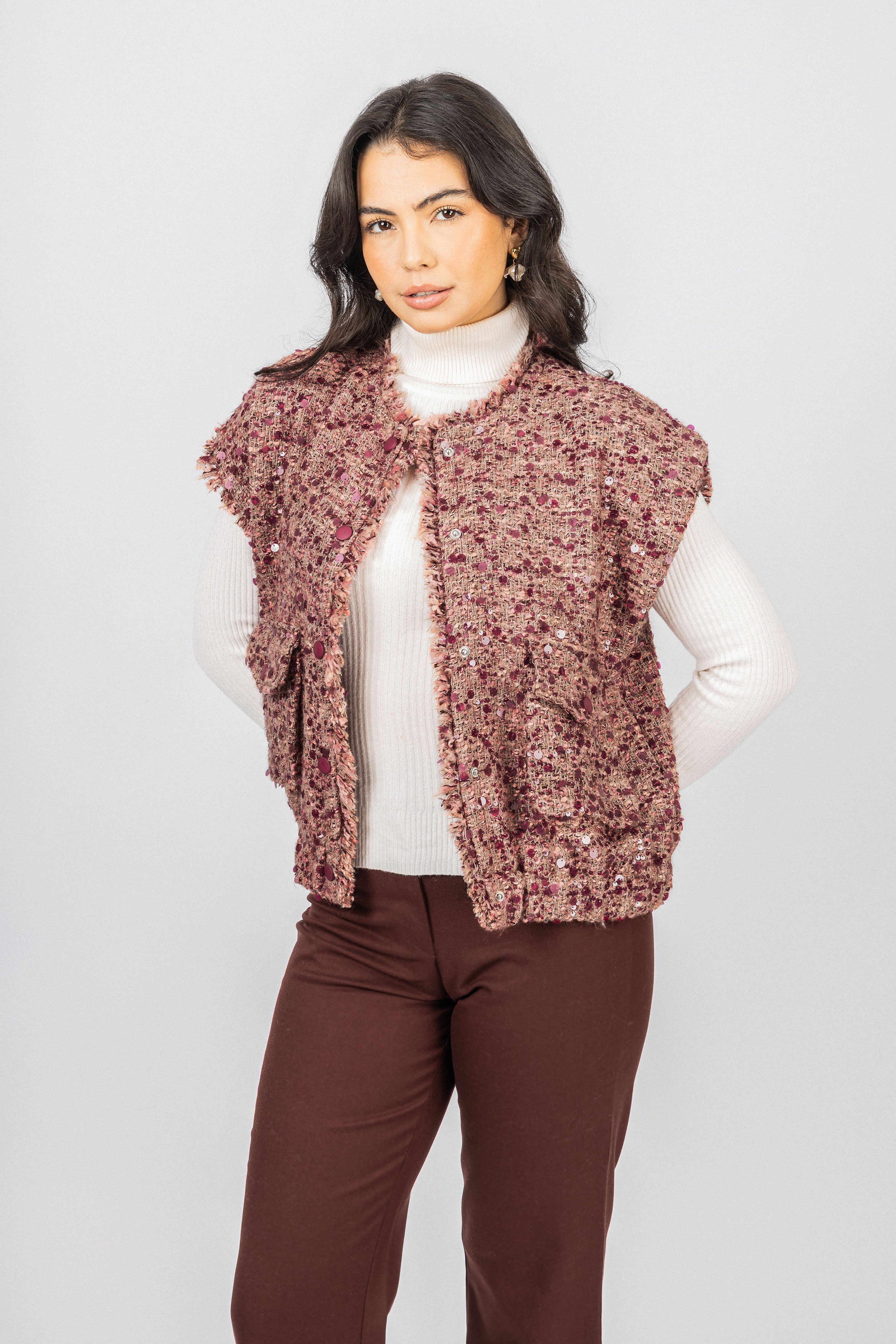 Burgundy Tweed Cap-style short sleeves Vest