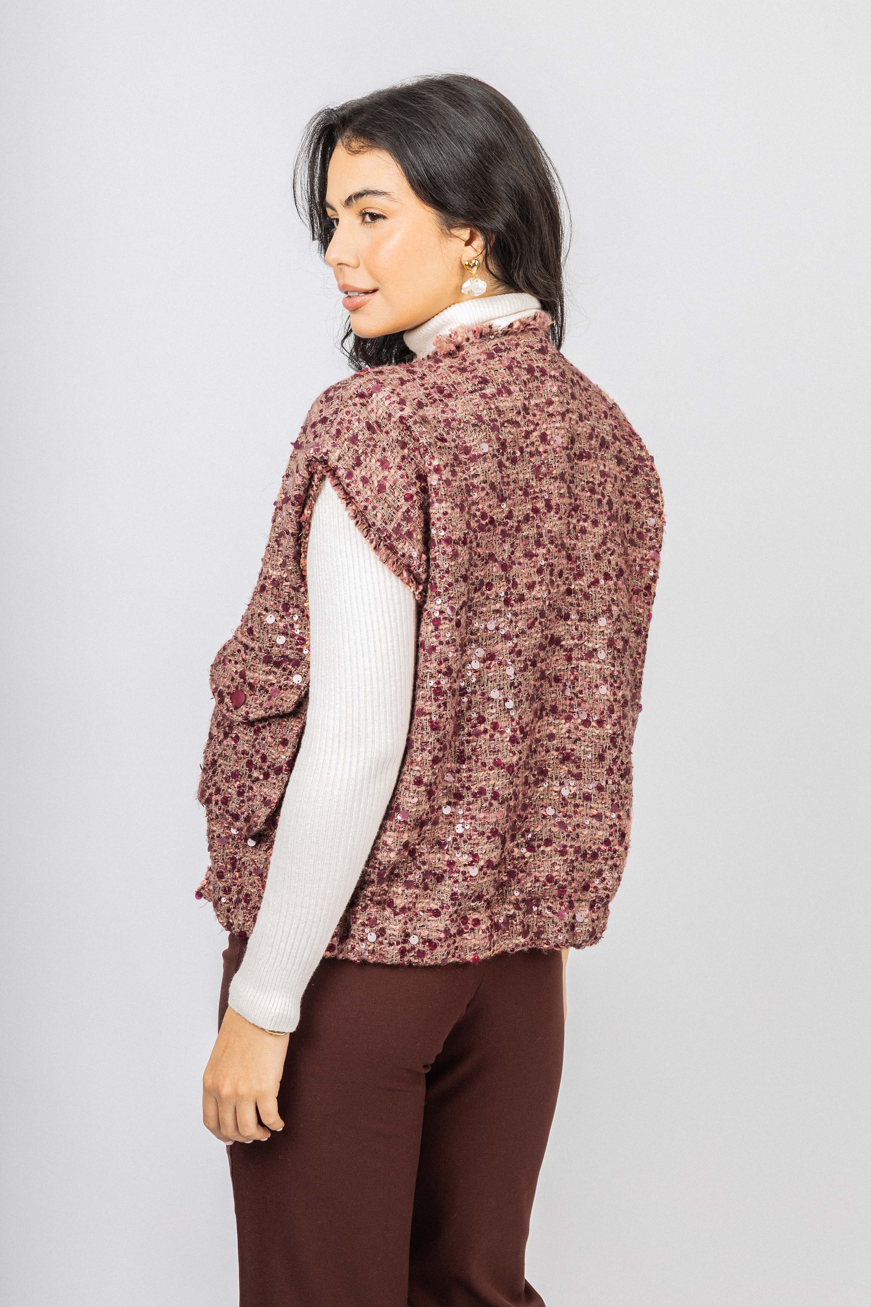 Burgundy Tweed Cap-style short sleeves Vest