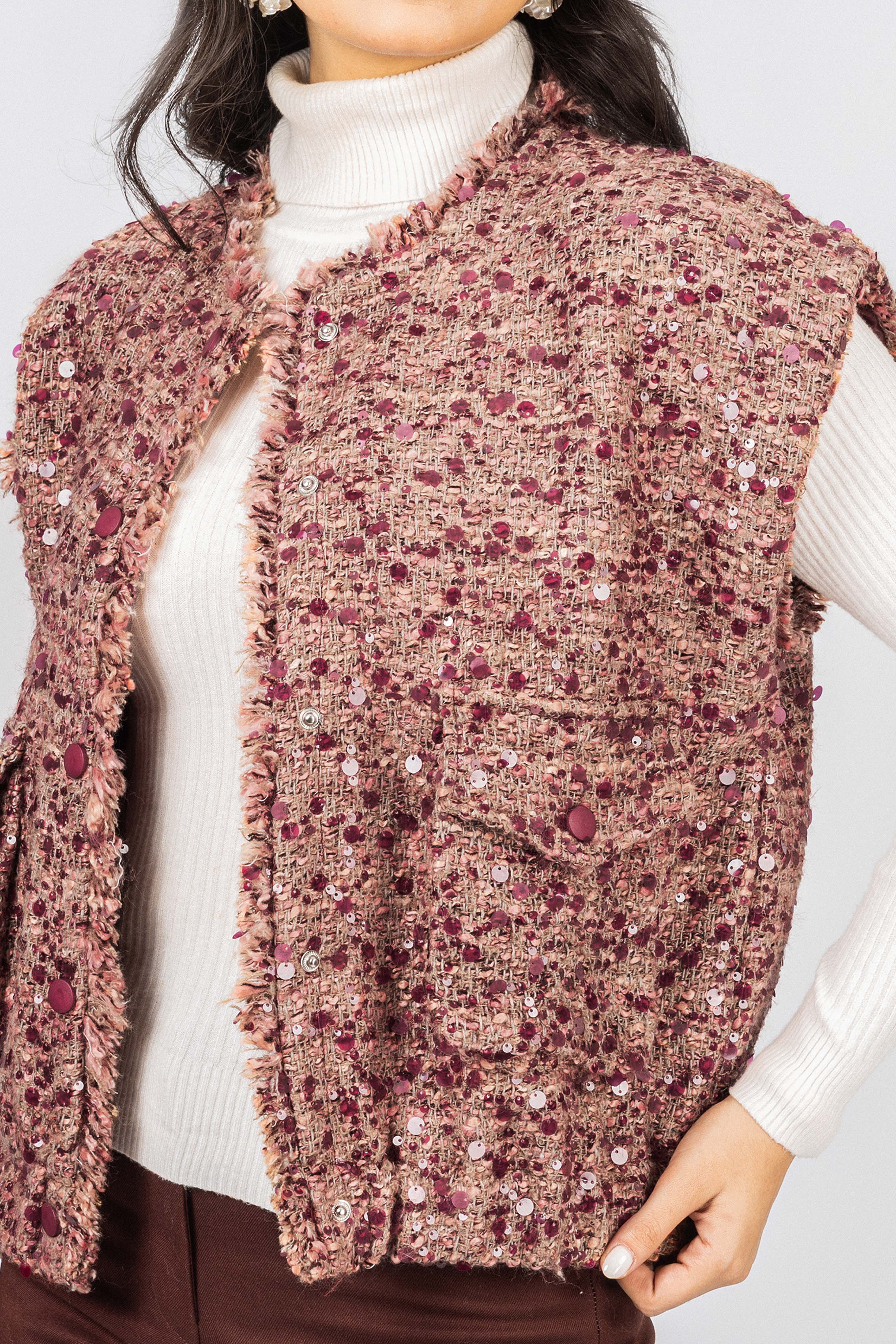 Burgundy Tweed Cap-style short sleeves Vest