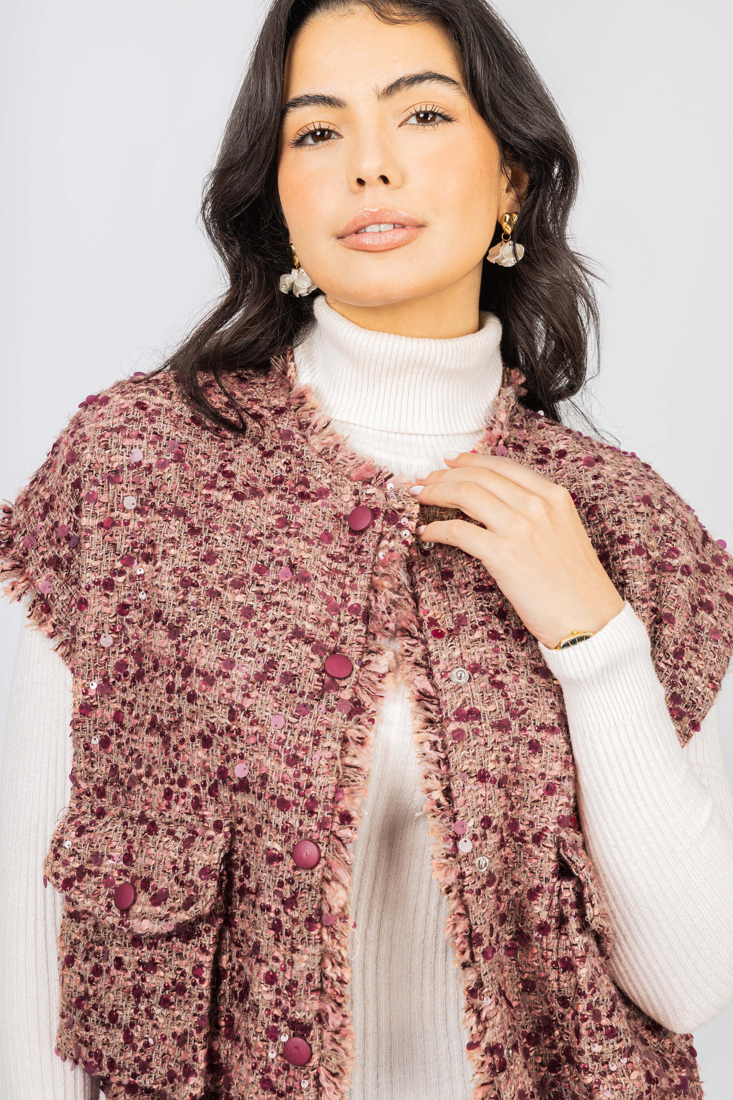 Burgundy Tweed Cap-style short sleeves Vest