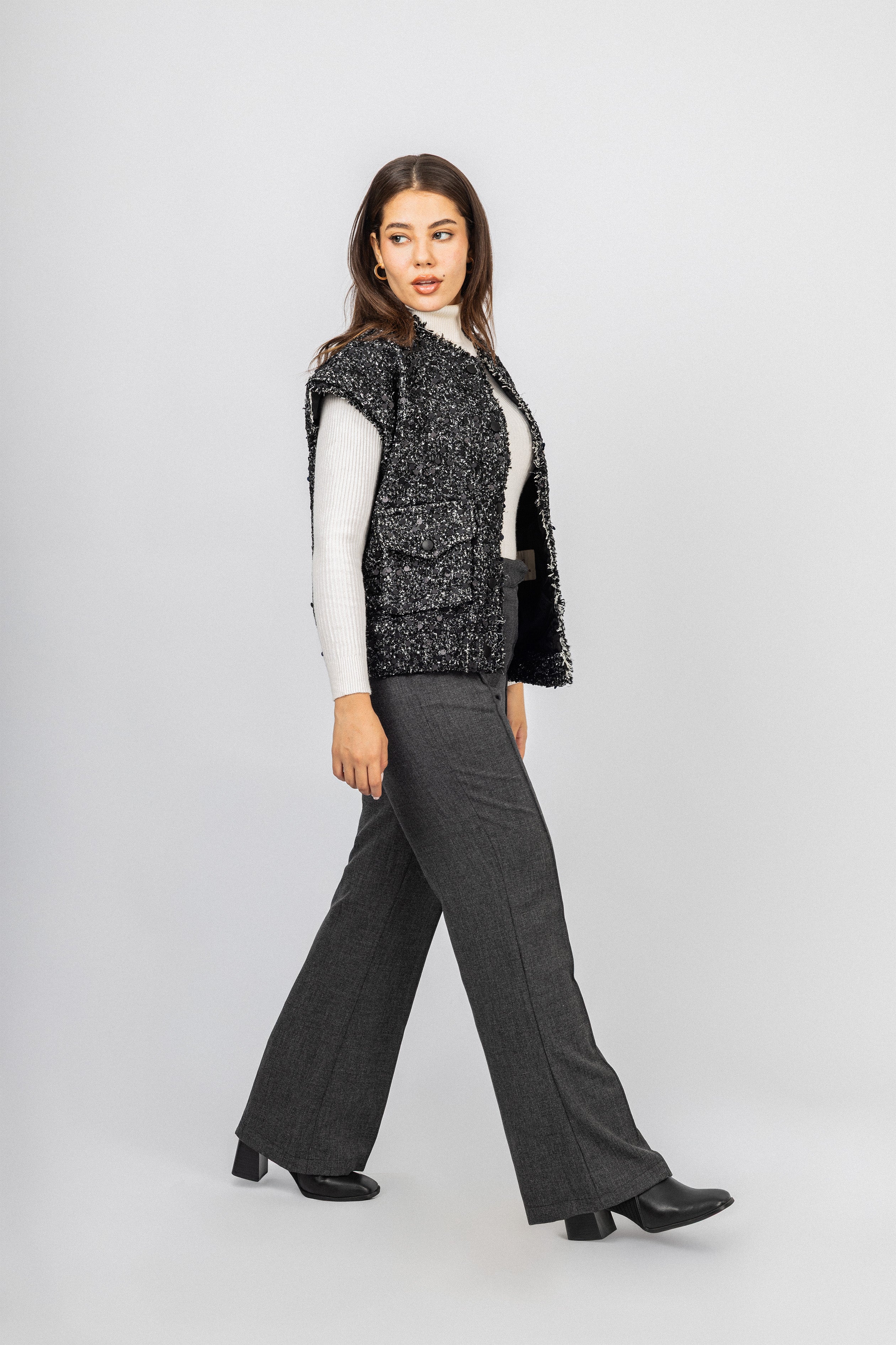 Black Tweed Cap-style short sleeves Vest