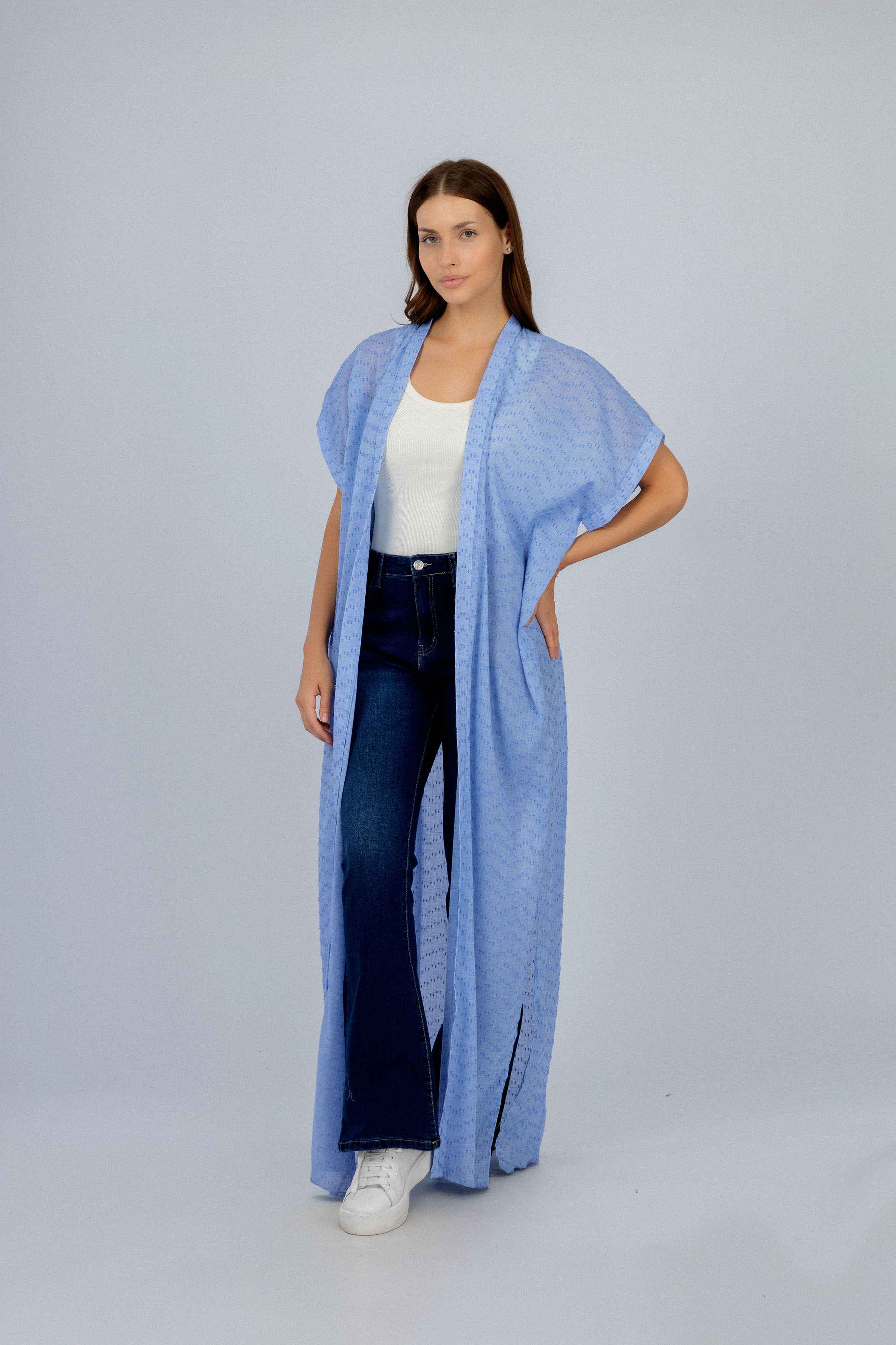 Jacquard Light Blue Linen Look Long Cardigan