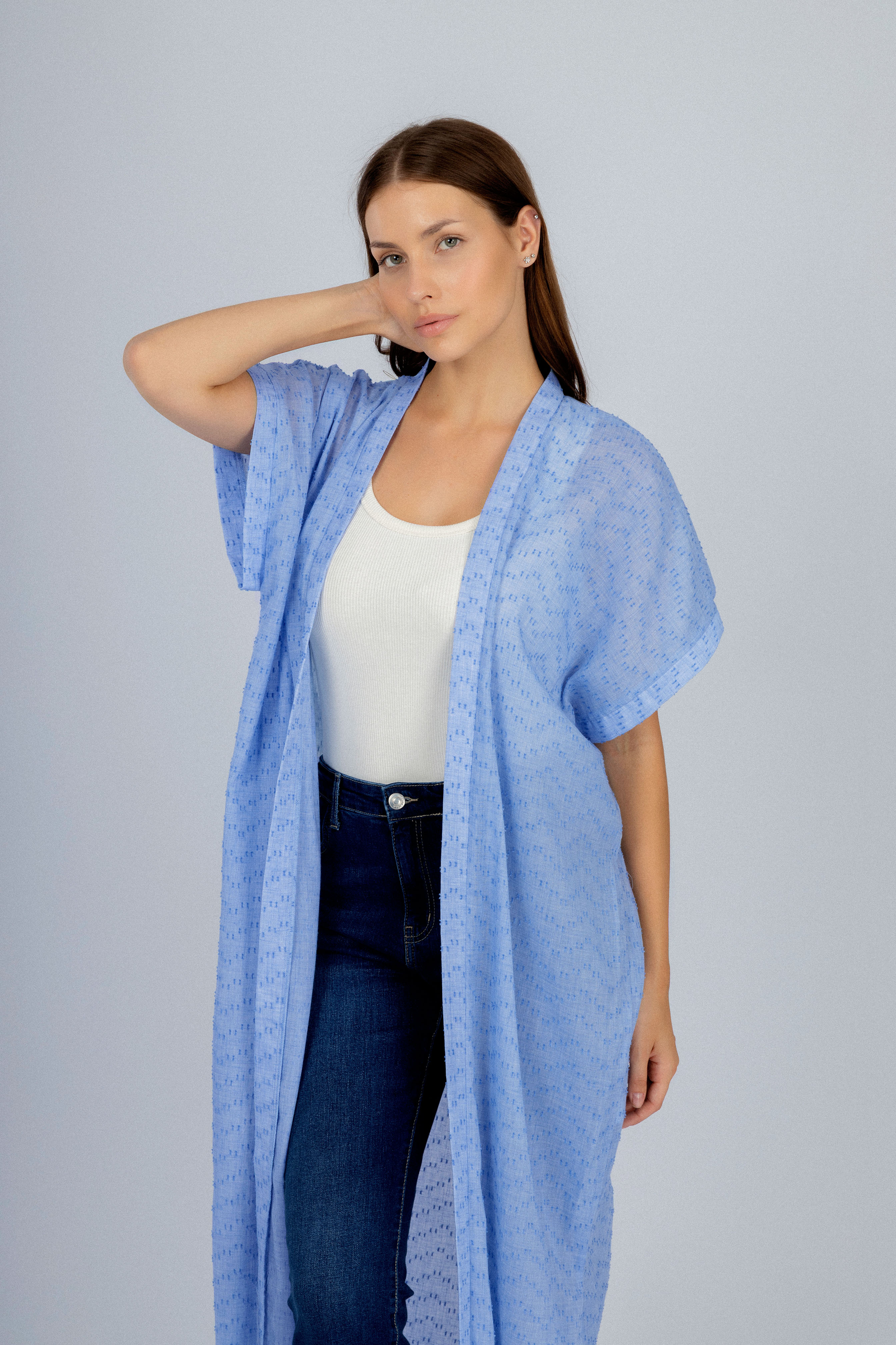 Jacquard Light Blue Linen Look Long Cardigan
