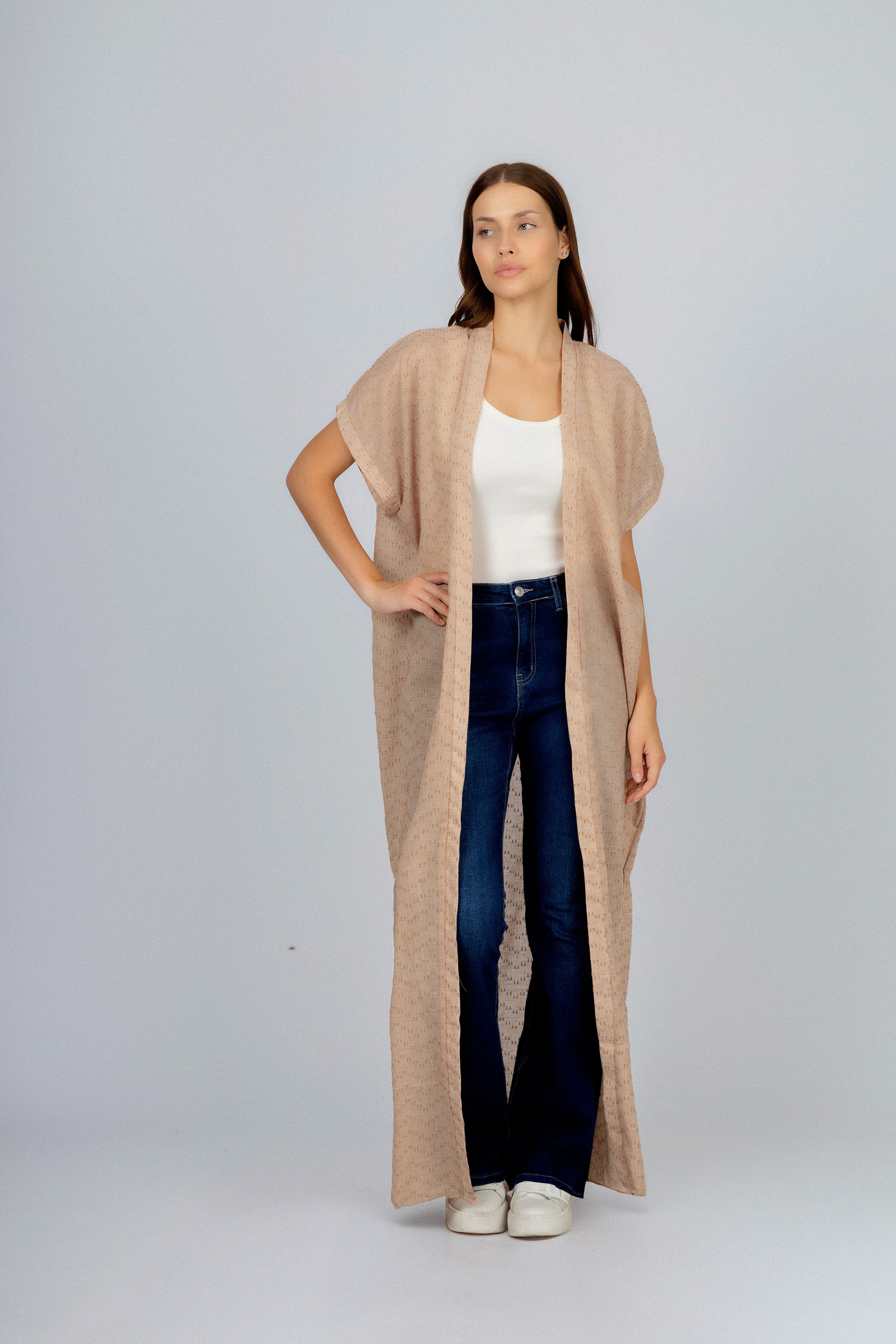 Jacquard Beige Linen Look Long Cardigan