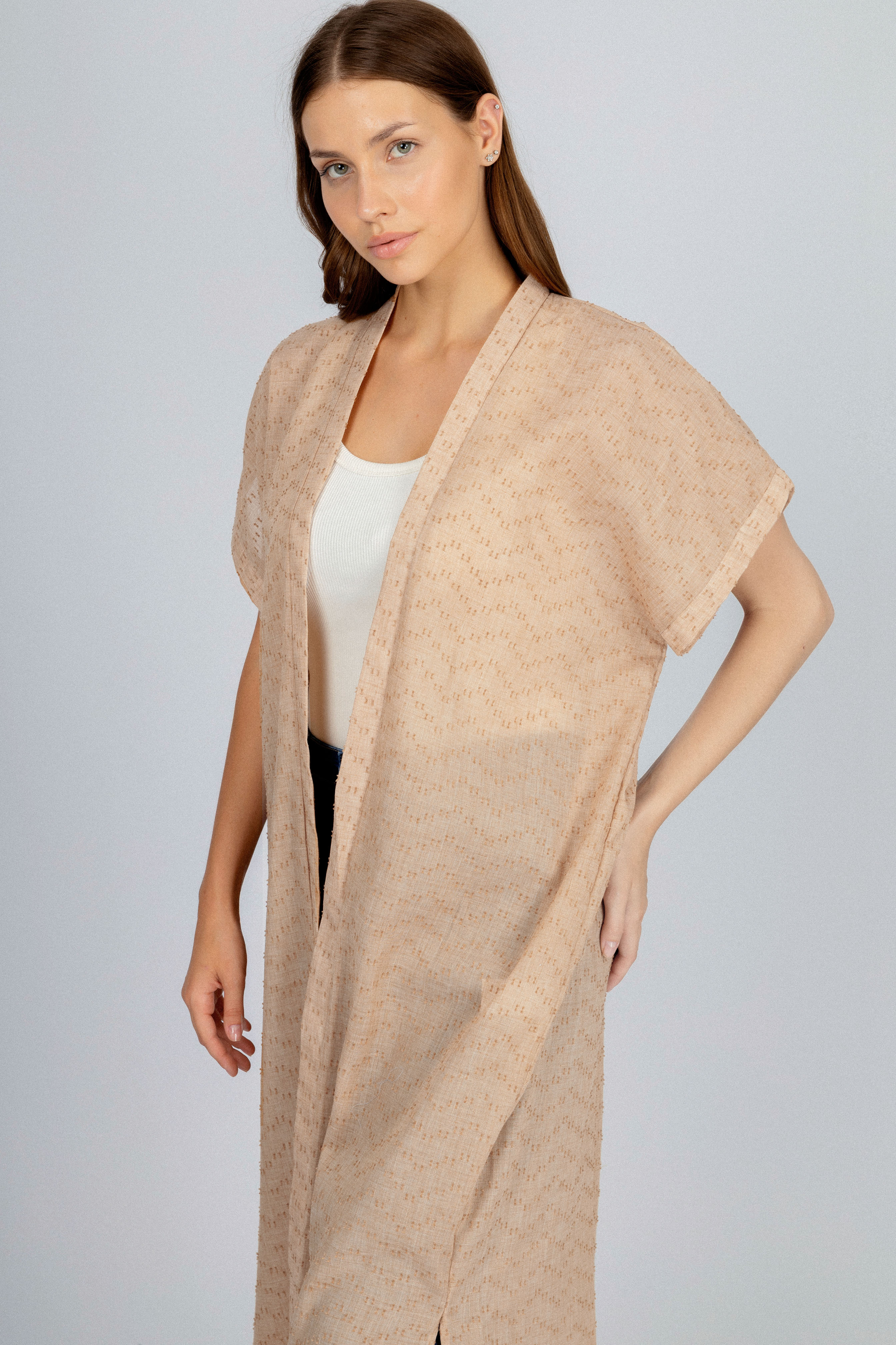 Jacquard Beige Linen Look Long Cardigan