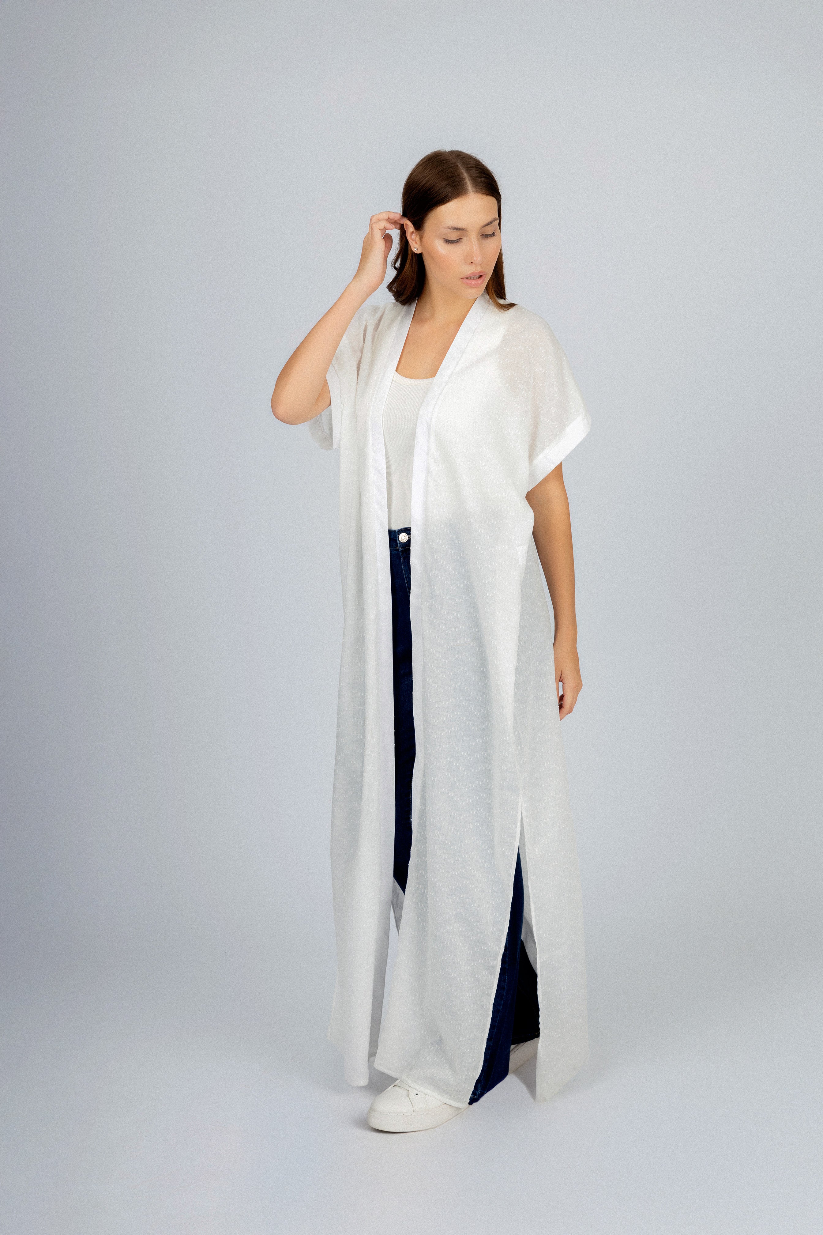 Jacquard White Linen Look Long Cardigan