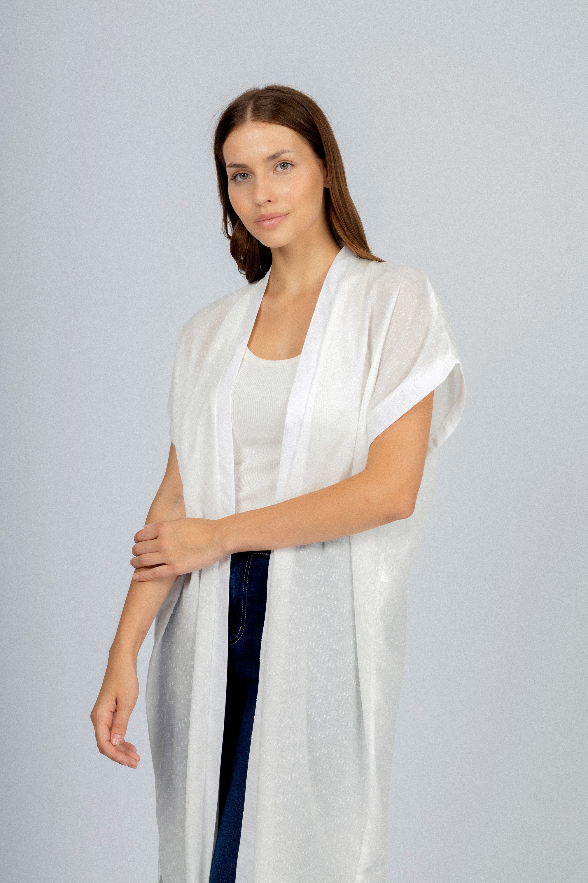 Jacquard White Linen Look Long Cardigan