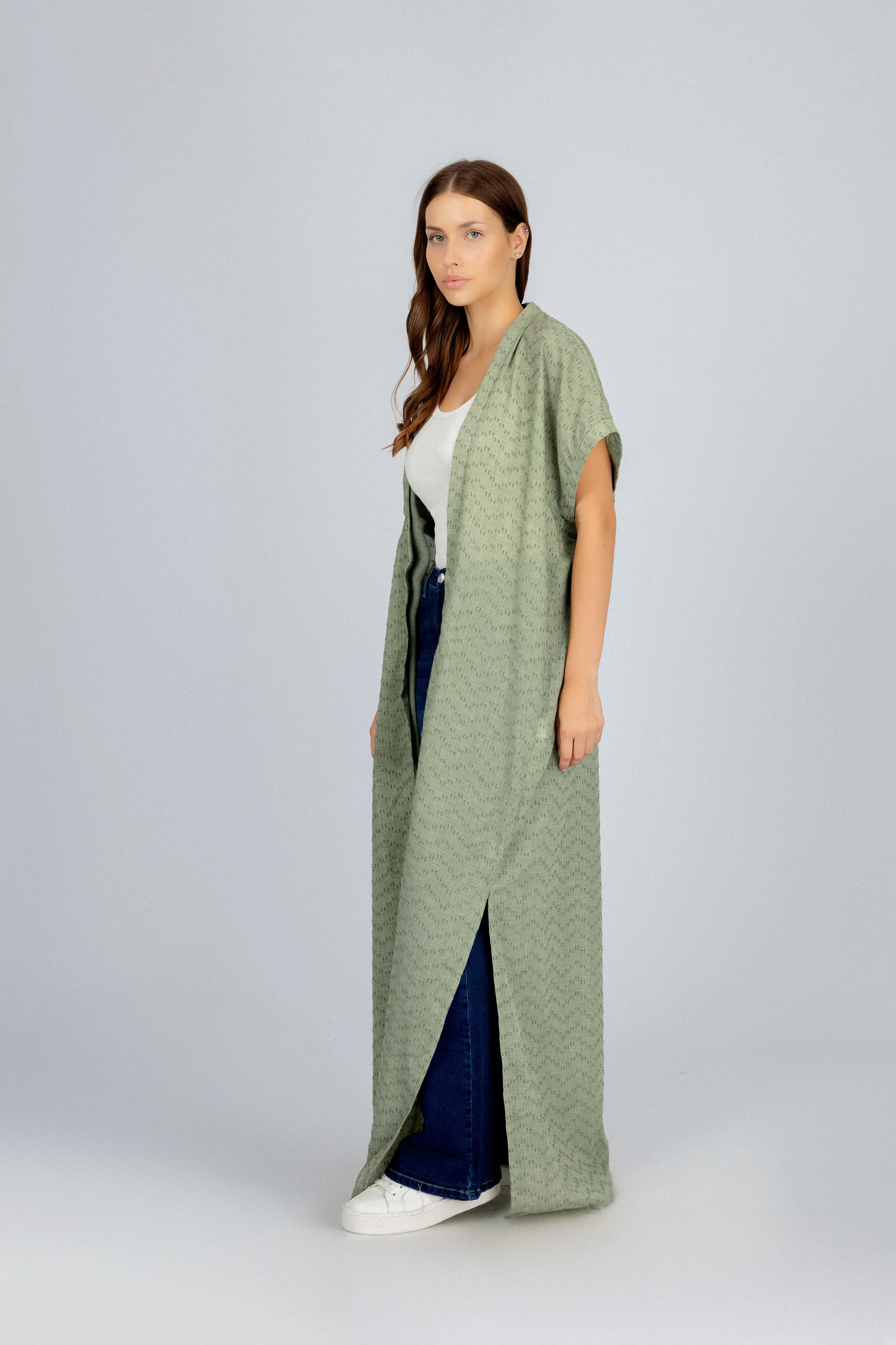 Jacquard Light Green Linen Look Long Cardigan