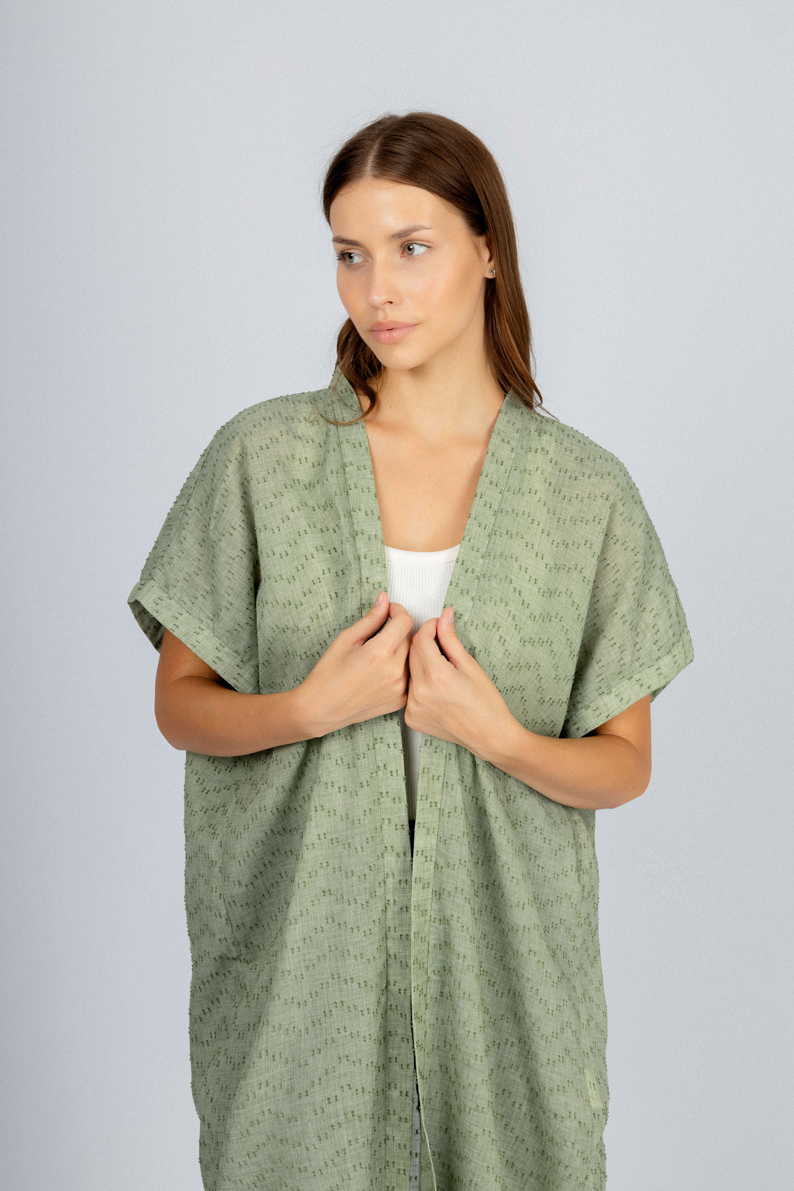 Jacquard Light Green Linen Look Long Cardigan