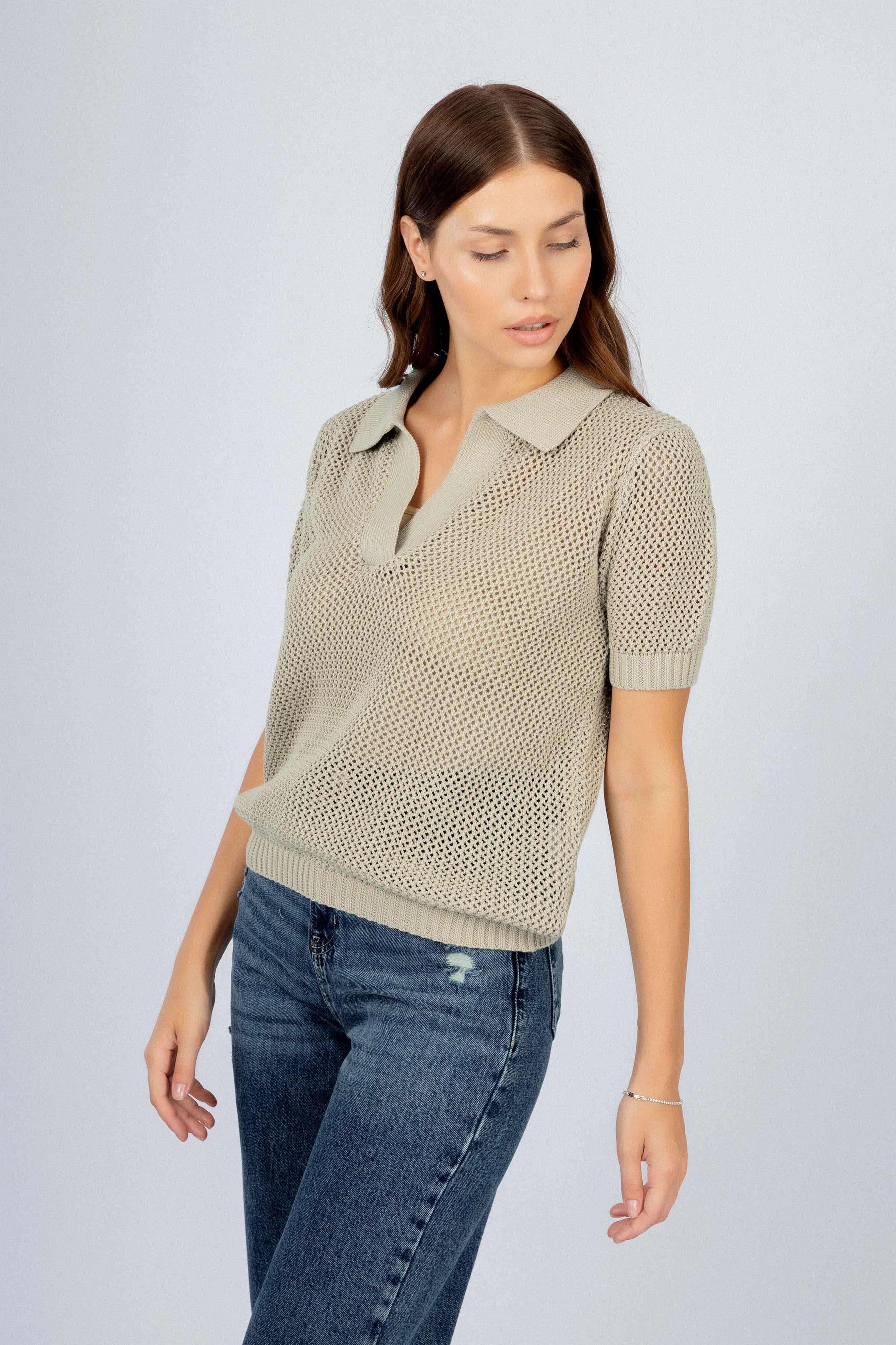 Light Green Crochet-Style Knitted Women's T-Shirt