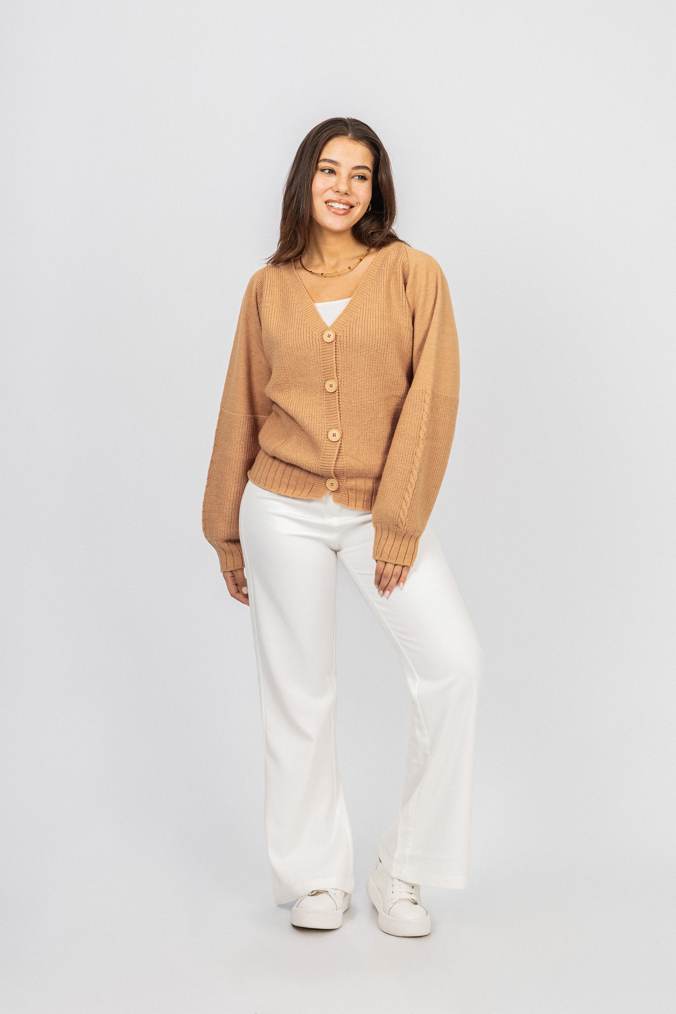 Camel V neck Knitted Jacket