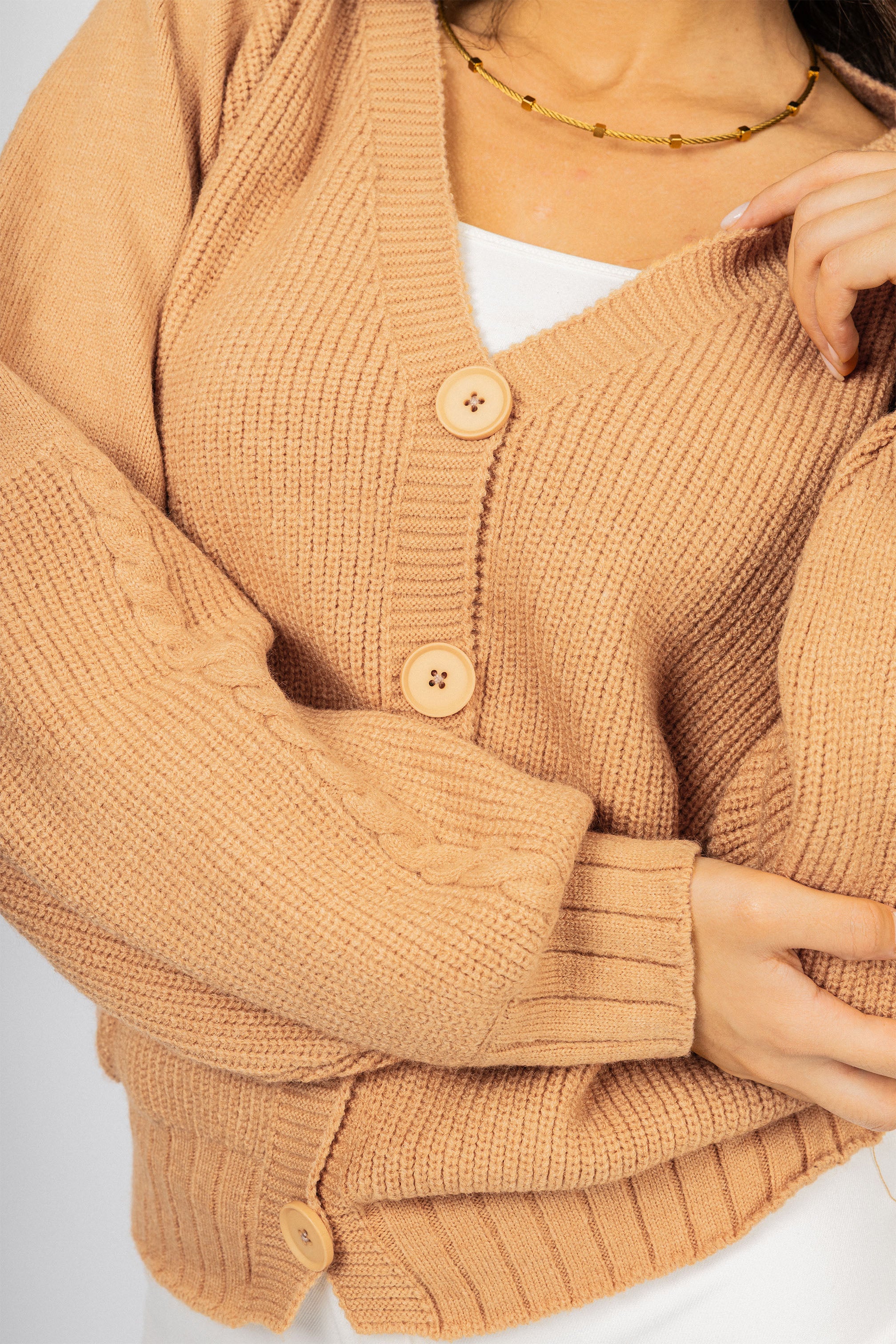 Camel V neck Knitted Jacket