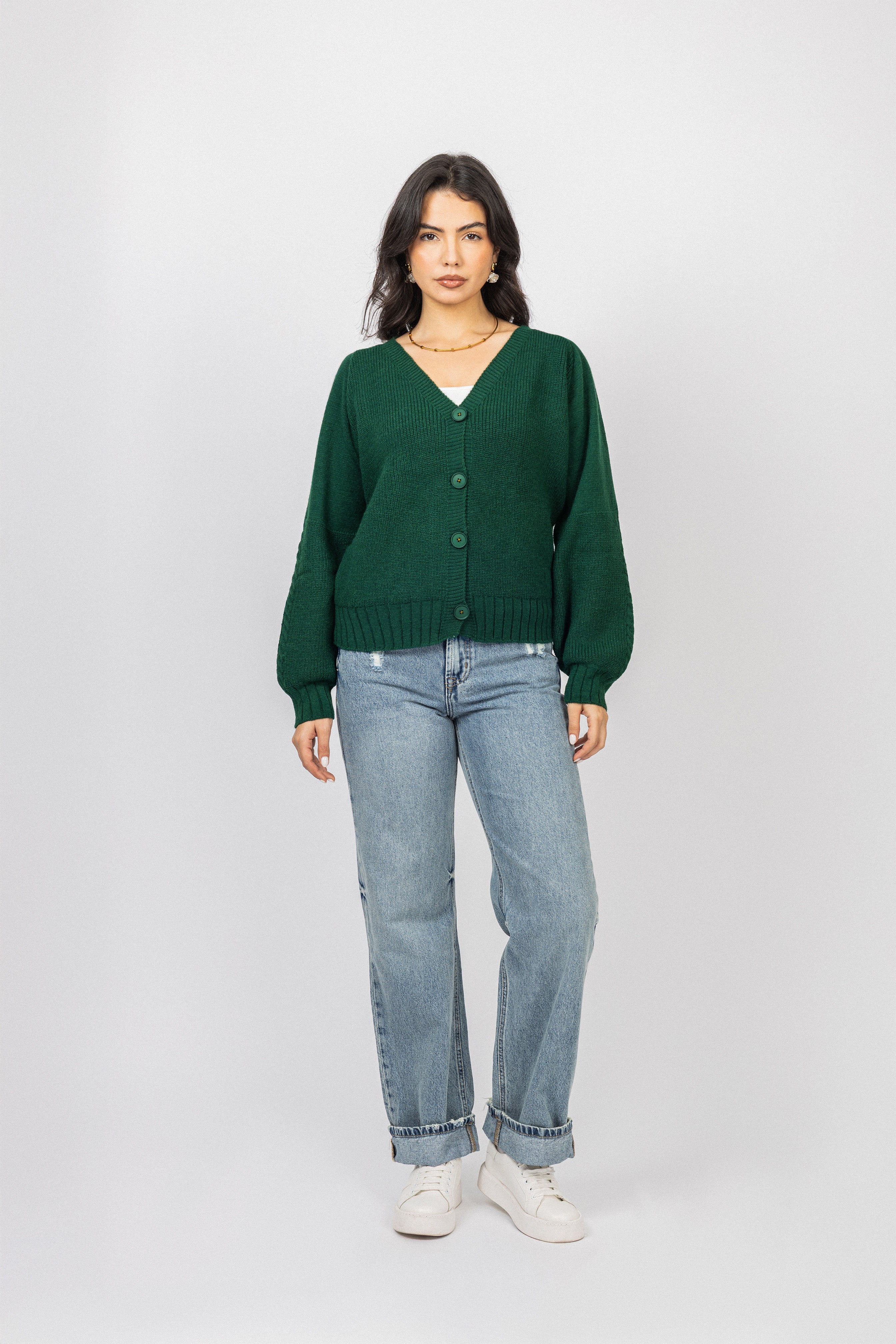 Dark Green V neck Knitted Jacket