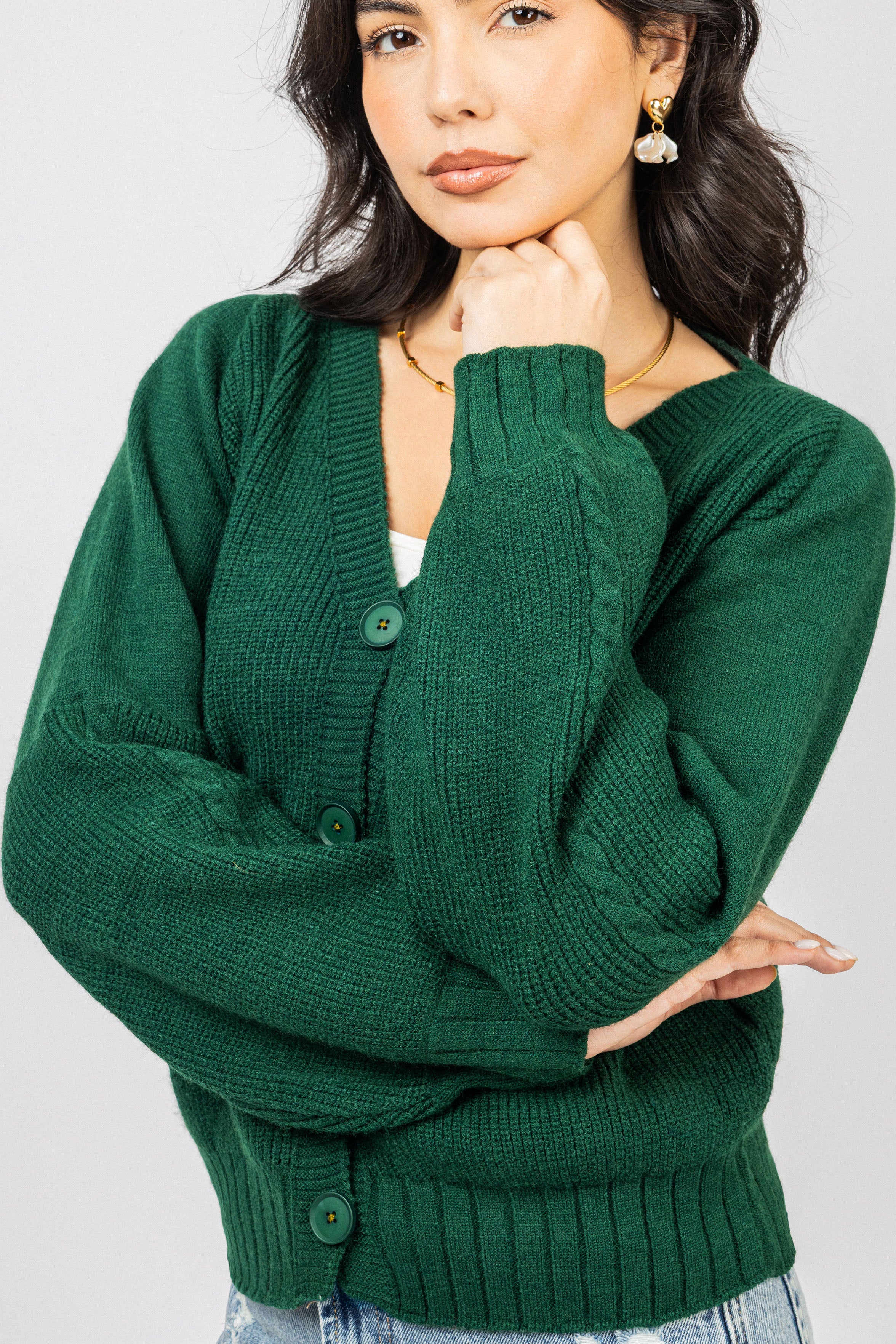 Dark Green V neck Knitted Jacket