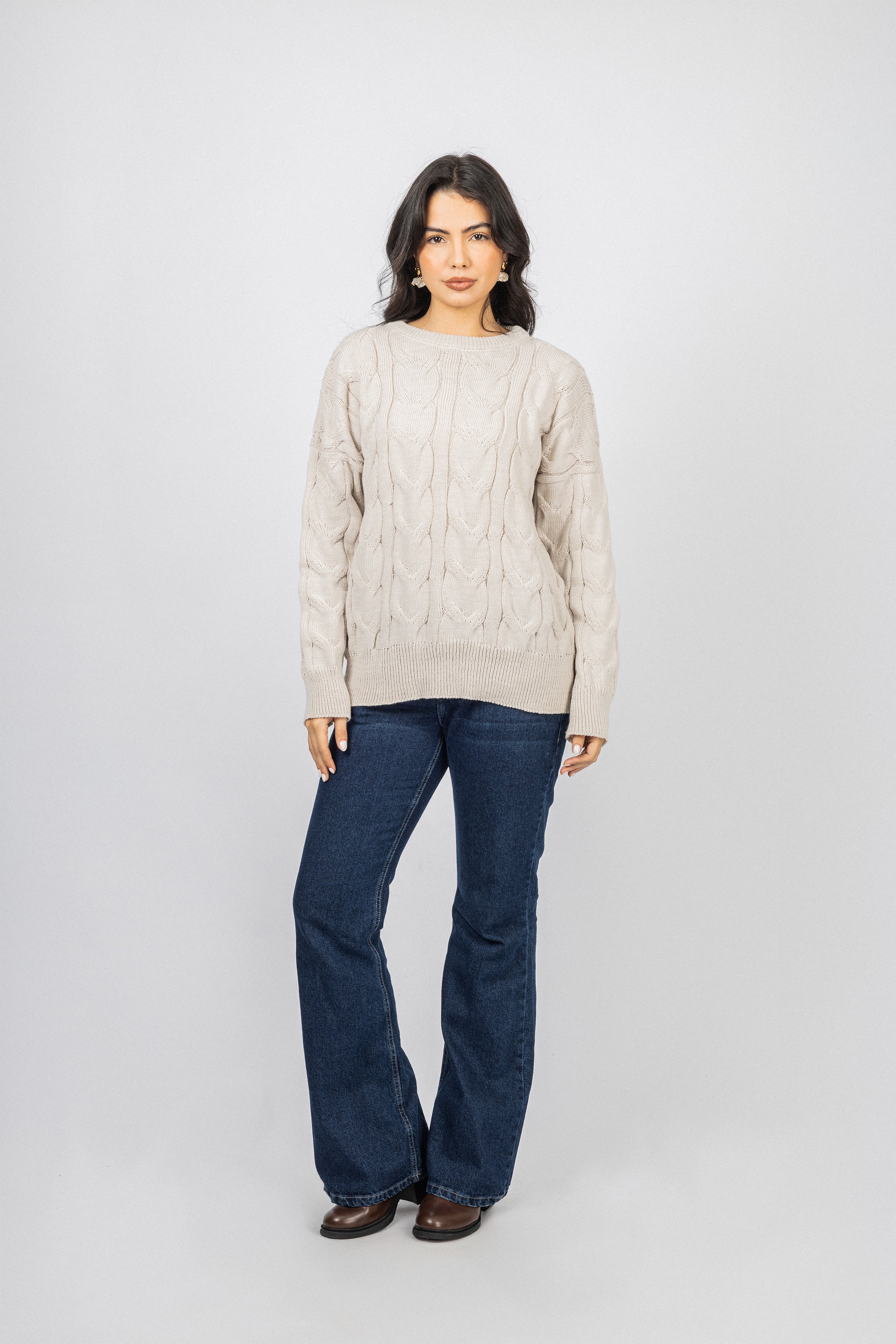 Beige Knitted Round Pullover