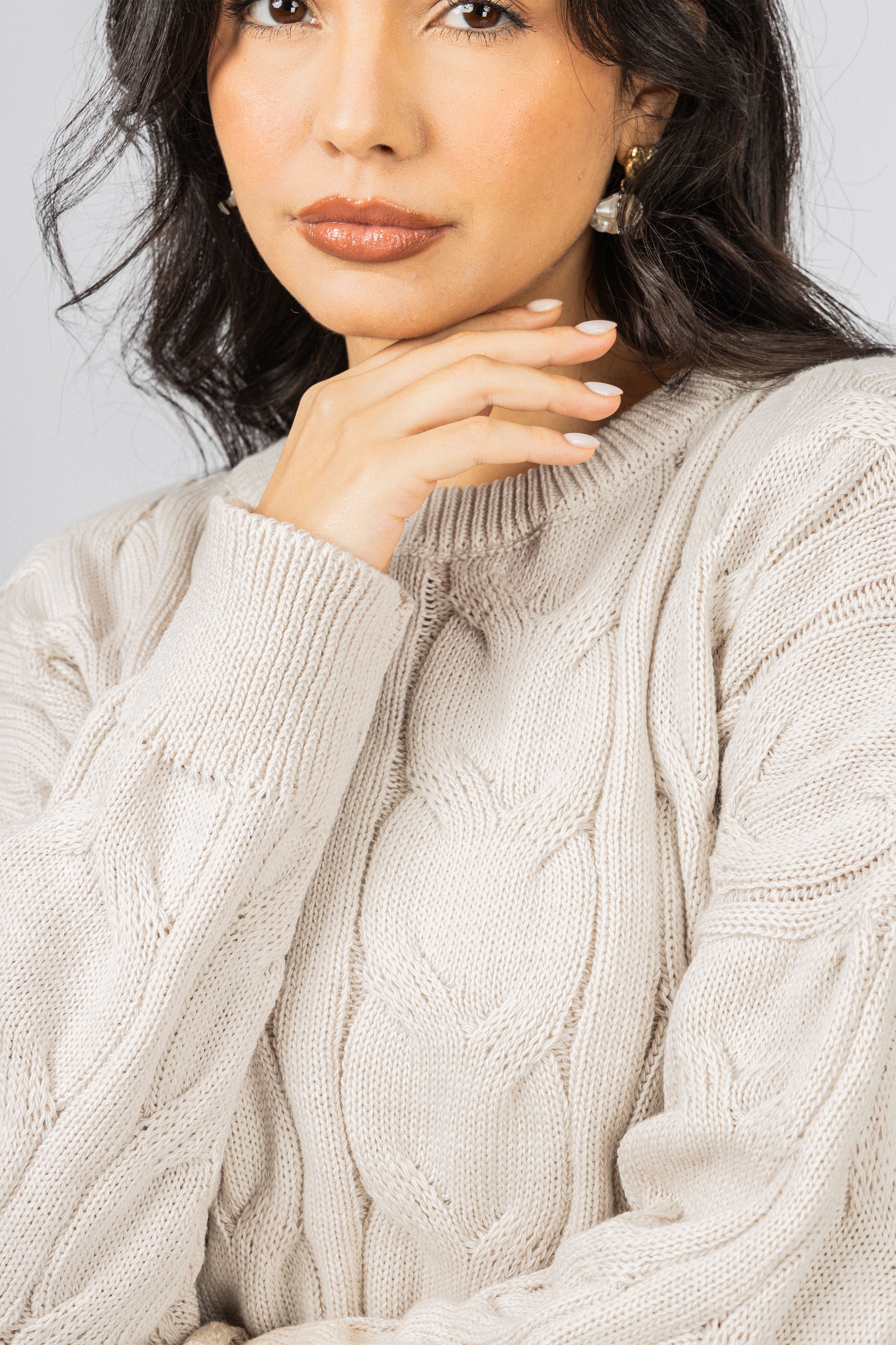 Beige Knitted Round Pullover