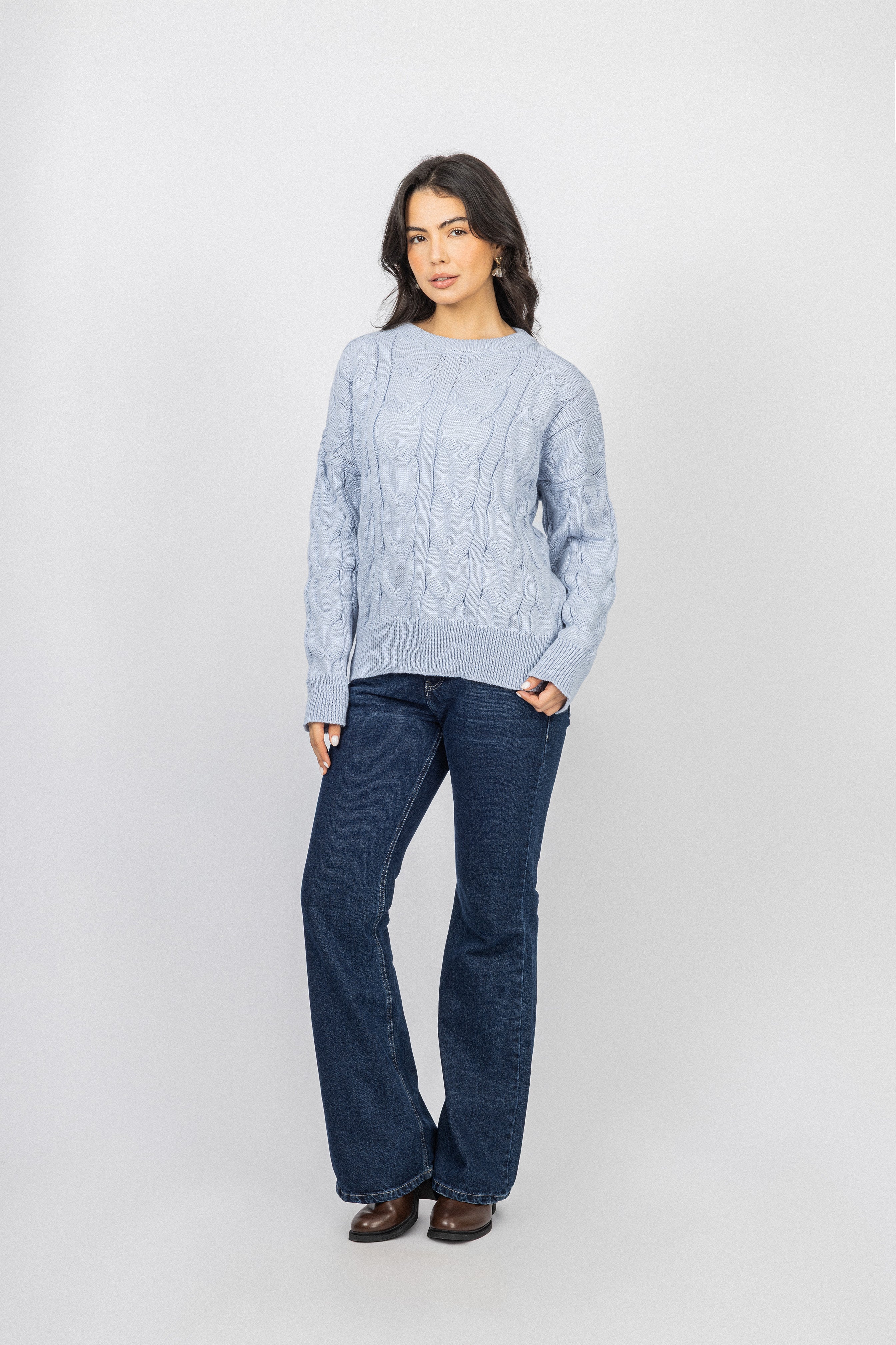 Light Blue Knitted Round Pullover