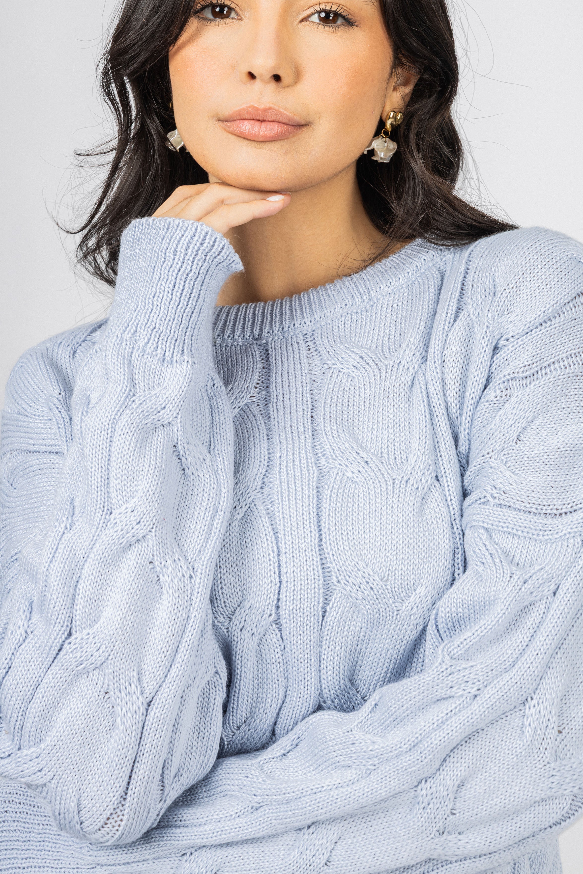 Light Blue Knitted Round Pullover