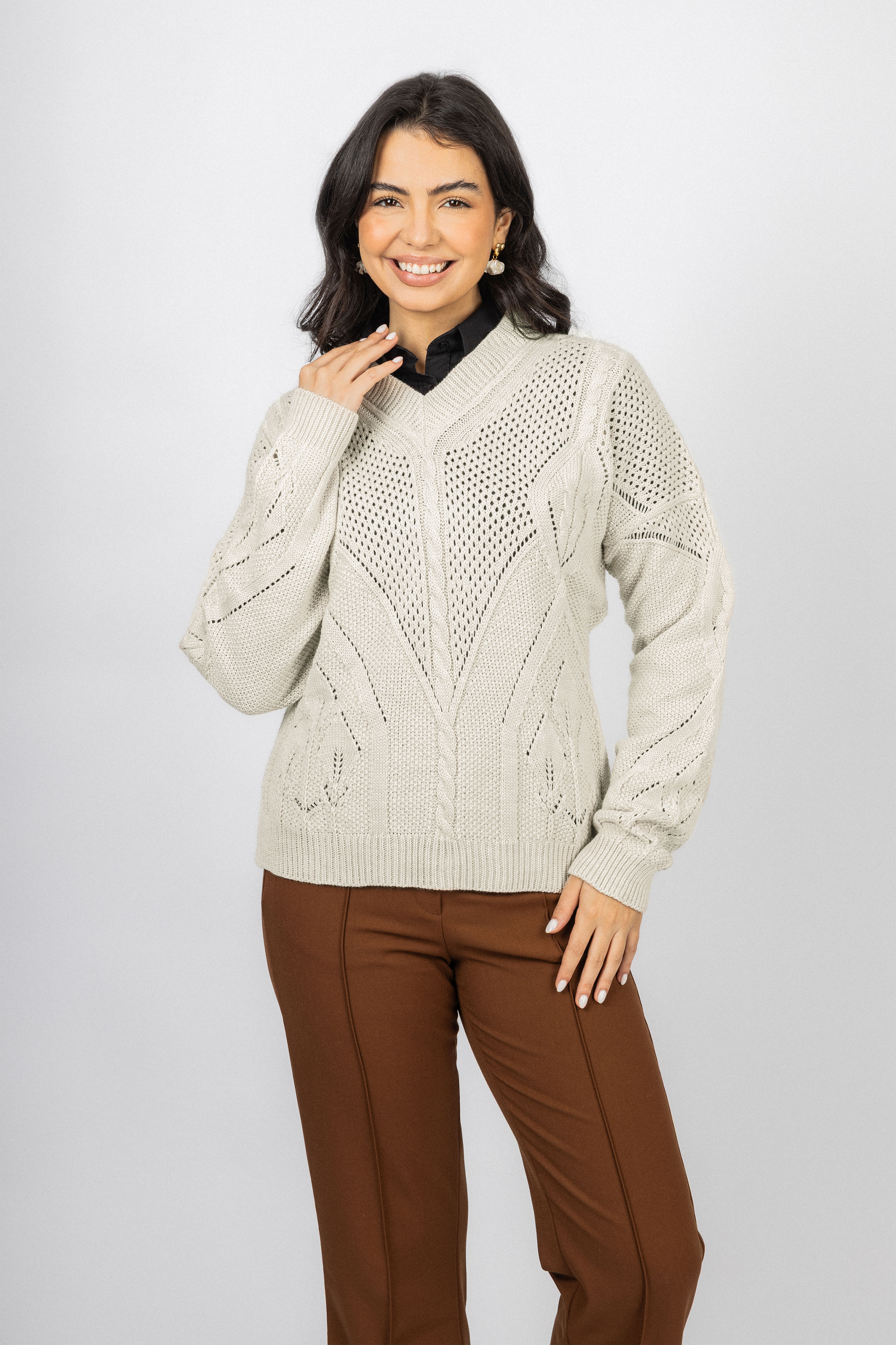 Beige Knitted V-neck Pullover